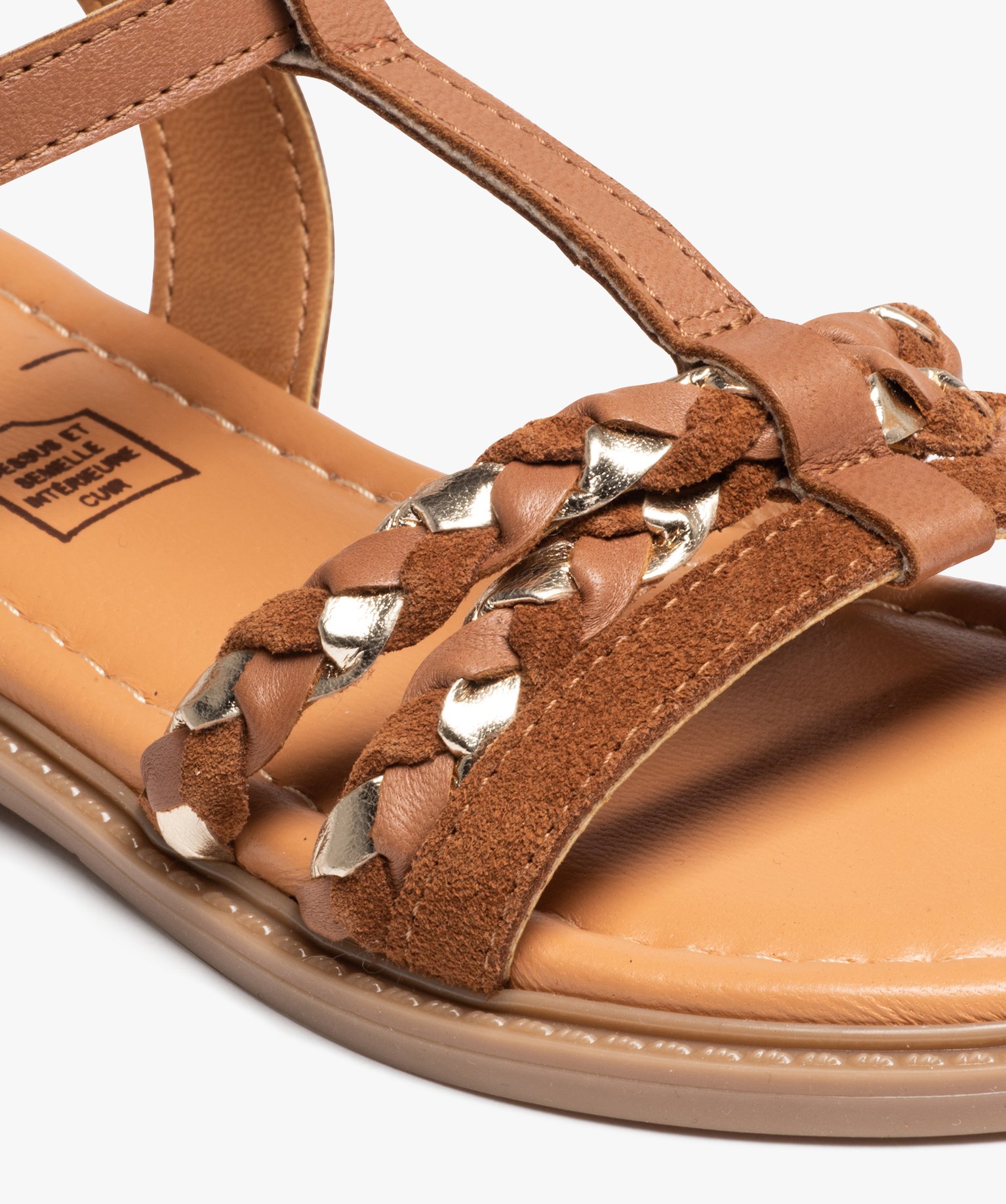Sandales fille plates à brides en cuir contrastées camel | GEMO