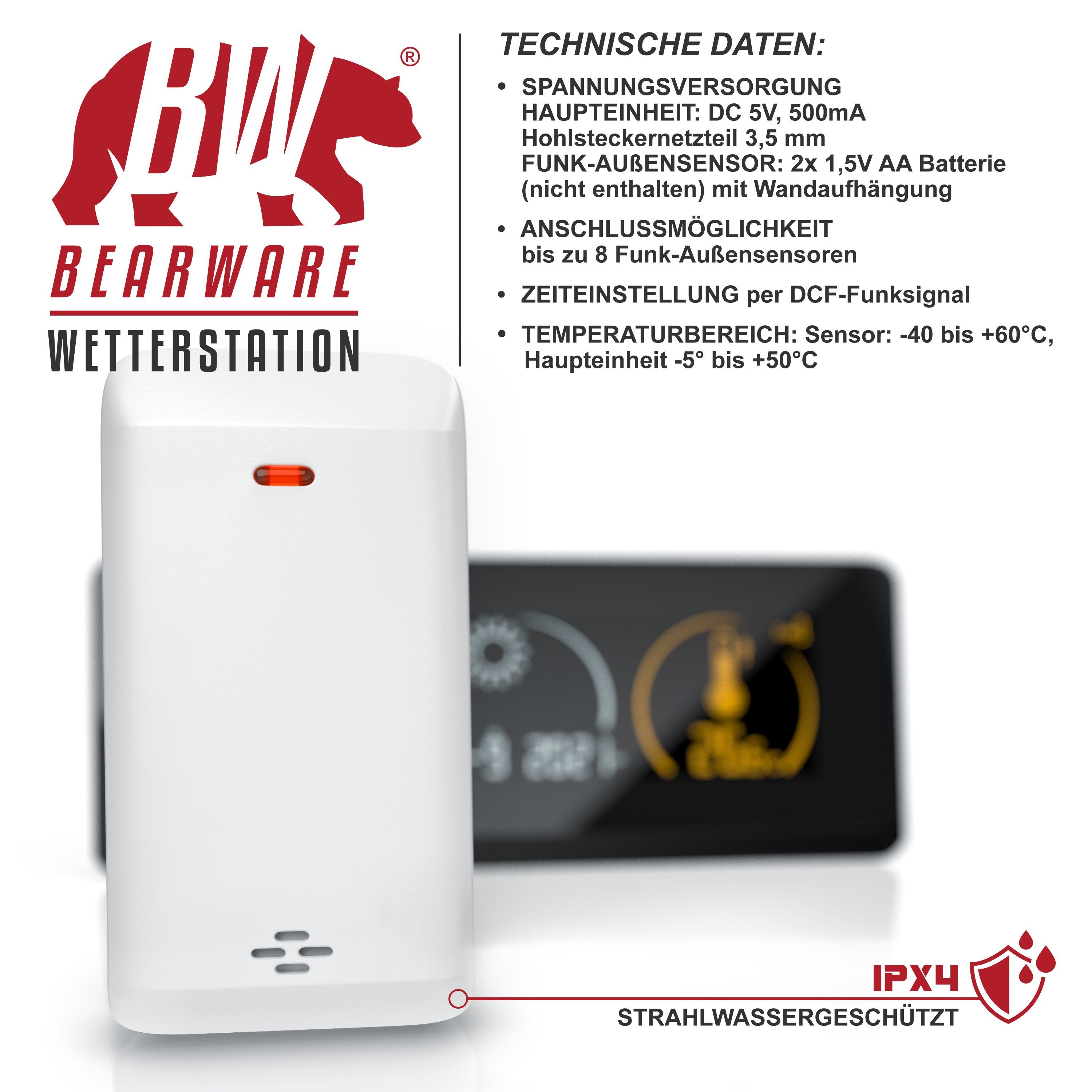 BEARWARE Wetterstation (mit Außensensor, Funkwetterstation mit Farbdisplay Wetterstation & Netzteil)