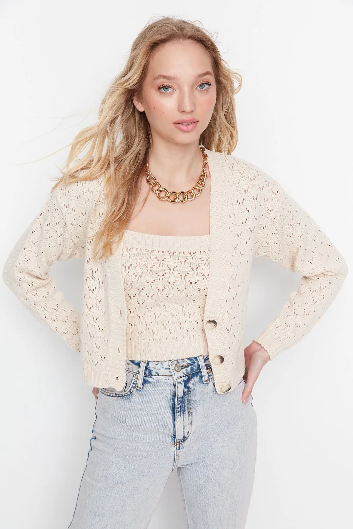 Trendyol Collection  Steinfarbener durchbrochener/durchbrochener Strickcardigan TWOSS20HI0034