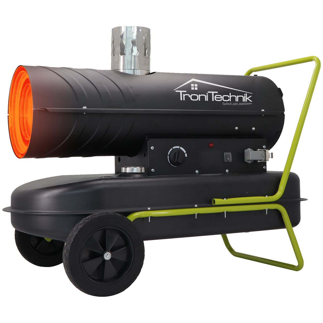 TroniTechnik TT-HK-244 Heizkanone Dieselkanone Heizlüfter 20kW mit Handgriff, Rohrrahmen, Rädern und Abluftauslass