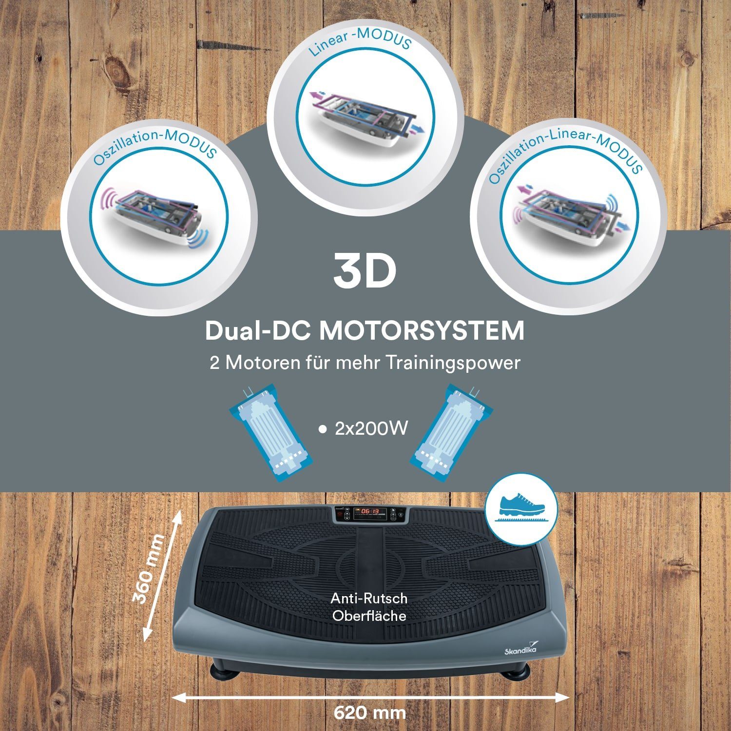 Skandika Vibrationsplatte 3D Vibration V2000 (grau) Curved Design, 2 Starke Motoren, Trainingsbänder, Poster, Fernbedienung, Bluetooth
