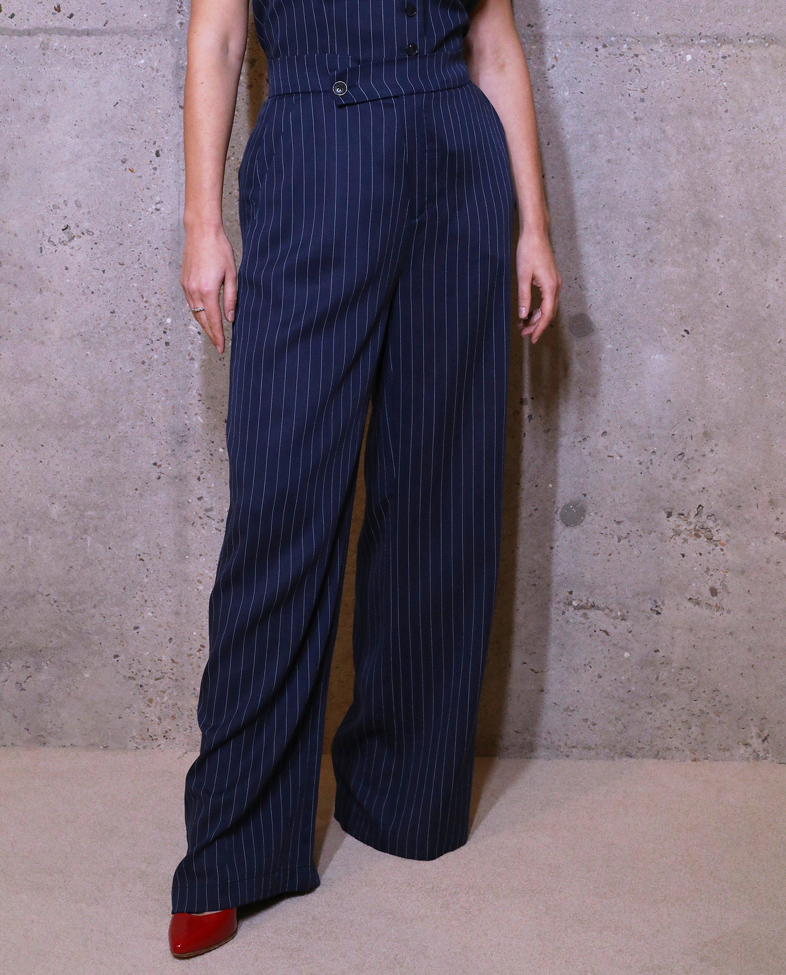 Pantaloni eleganți cu dungi subțiri albastru închis Kim Van Oncen