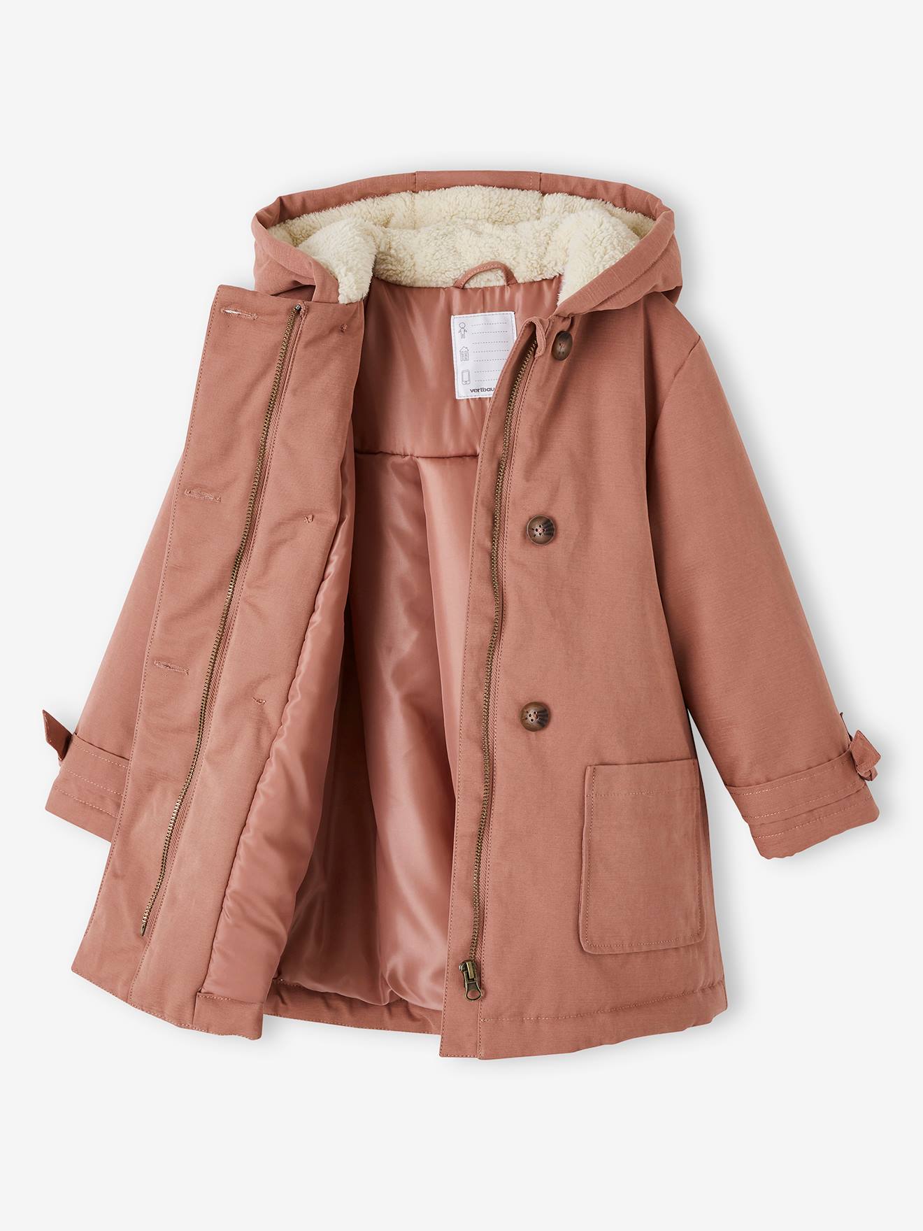 Parka à capuche chic effet peau de pêche fille bois de rose