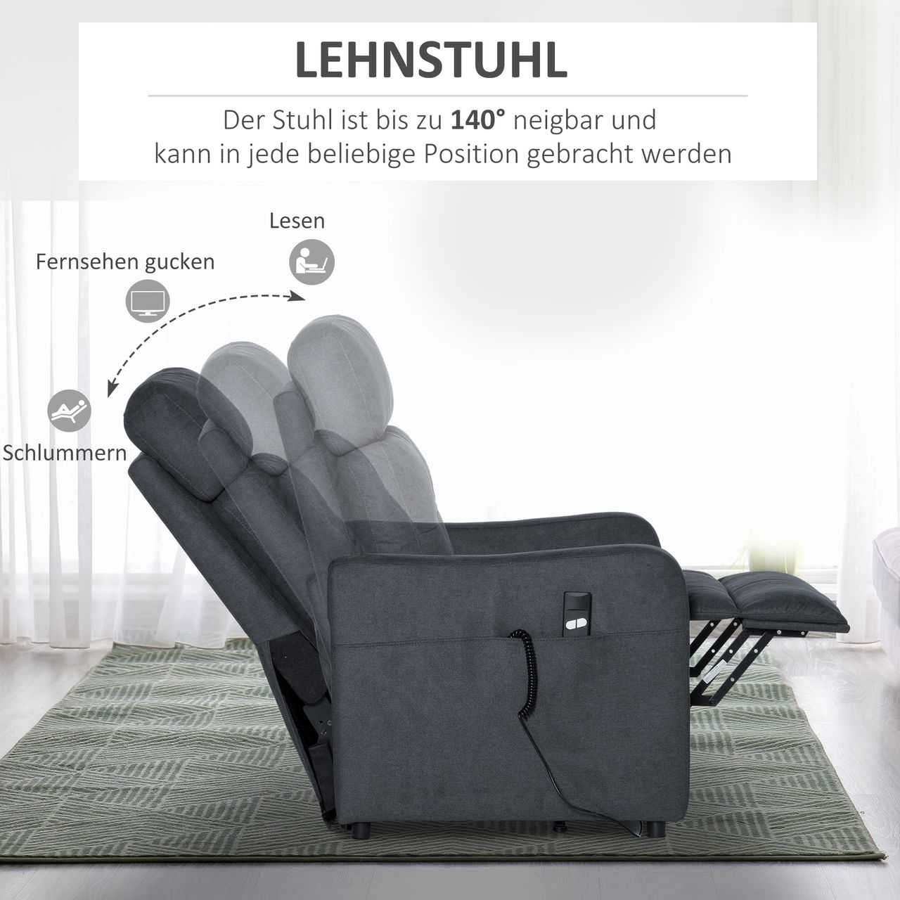HOMCOM Elektrischer Relaxsessel Fernsehsessel Sessel mit Aufstehhilfe Relaxsessel mit liegefunktion mit Fernbedienung Polyesterstoff Stahl Grau 71 x 94 x104 cm