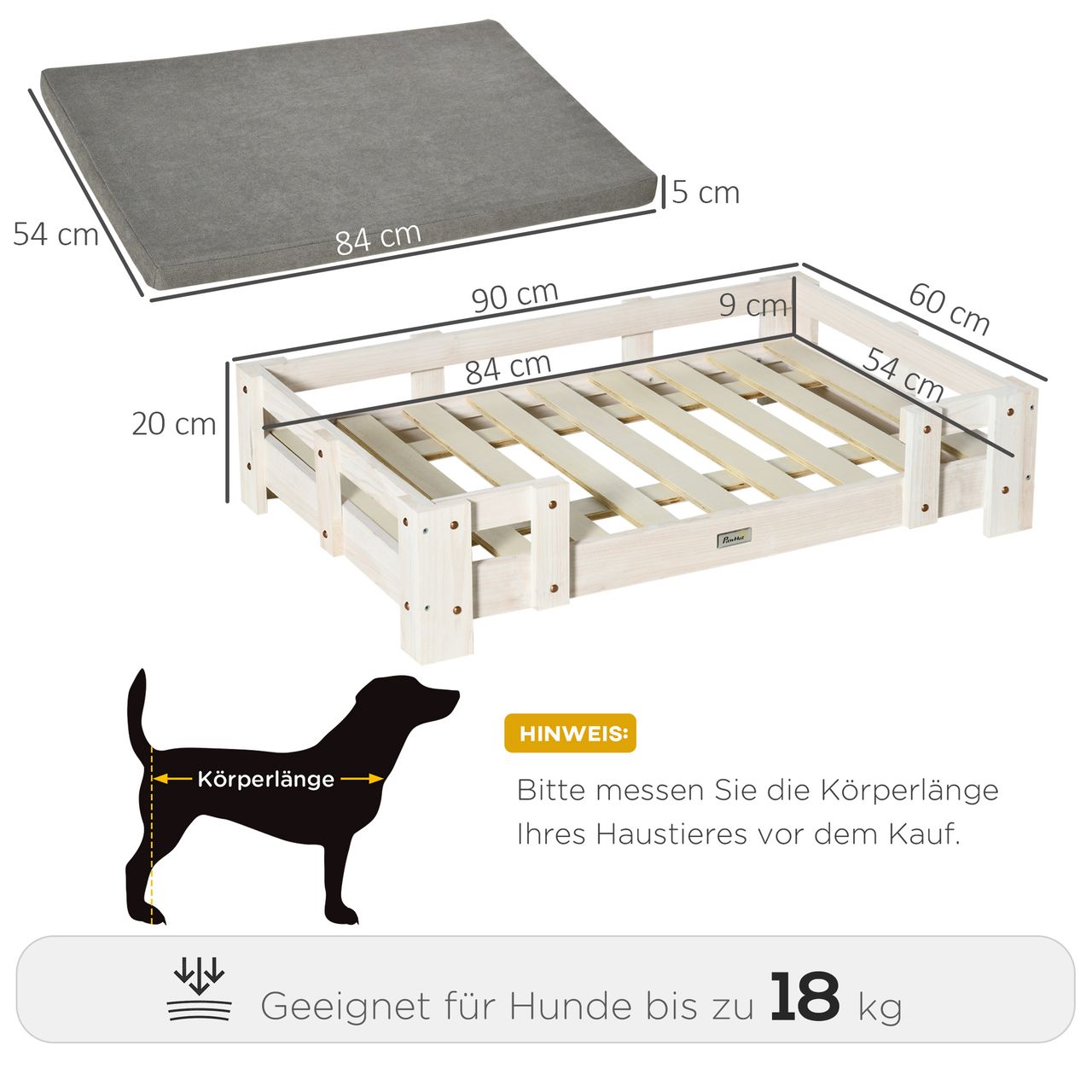 PawHut Erhöhtes Hundebett Kissen Holz Hundesofa Hundecouch Katzensofa waschbar