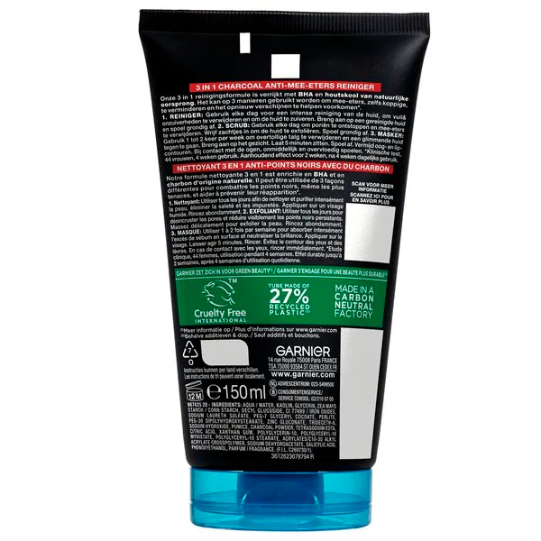 Garnier PureActive Καθαριστικό Προσώπου 3 σε 1 κατά των Μαύρων Στιγμάτων με Άνθρακα 150ml - Λιπαρό και ακάθαρτο δέρμα