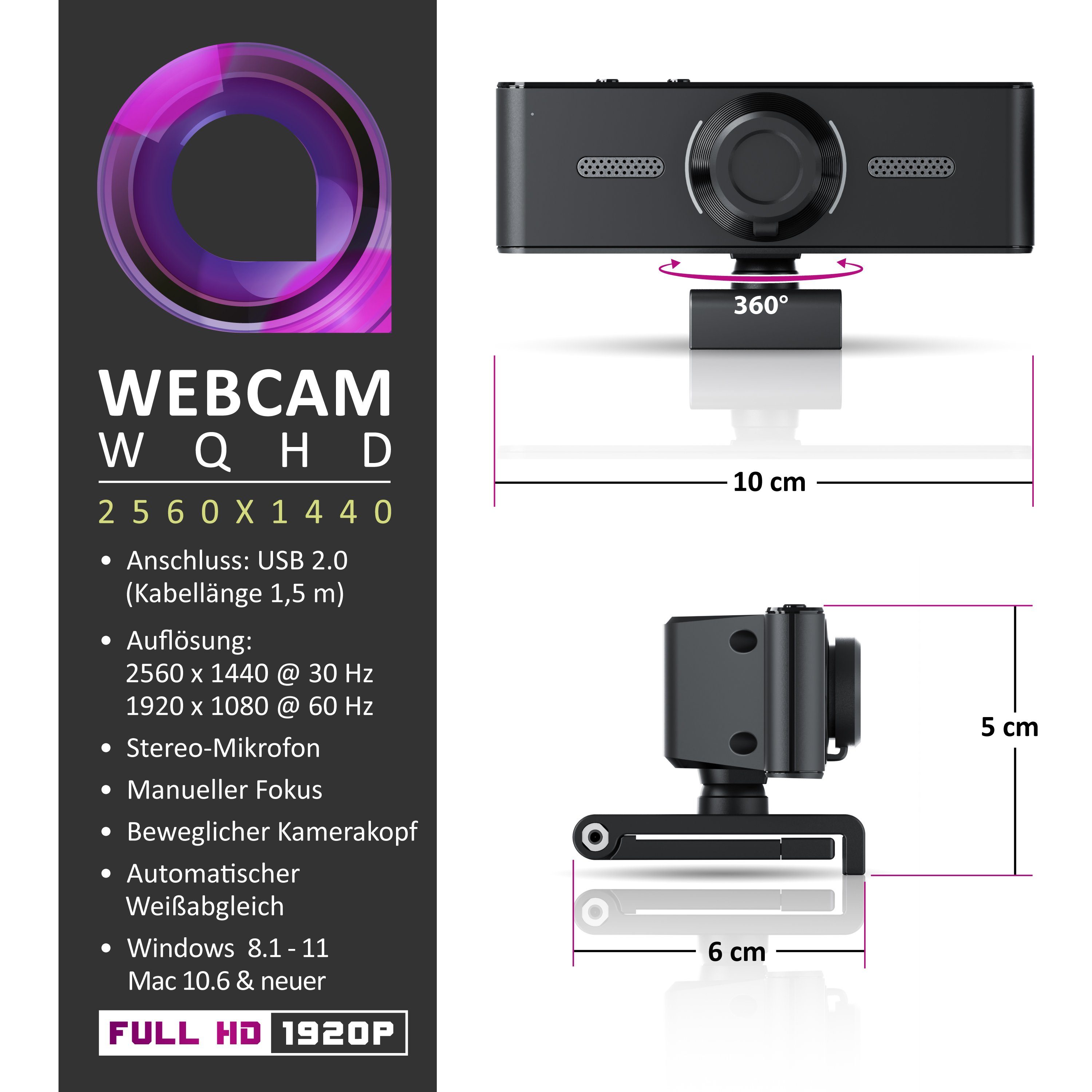 Aplic Full HD-Webcam (2K @ 30 Hz, FHD @ 60 Hz, manueller Fokus, Dual Mikrofon, Stativgewinde)