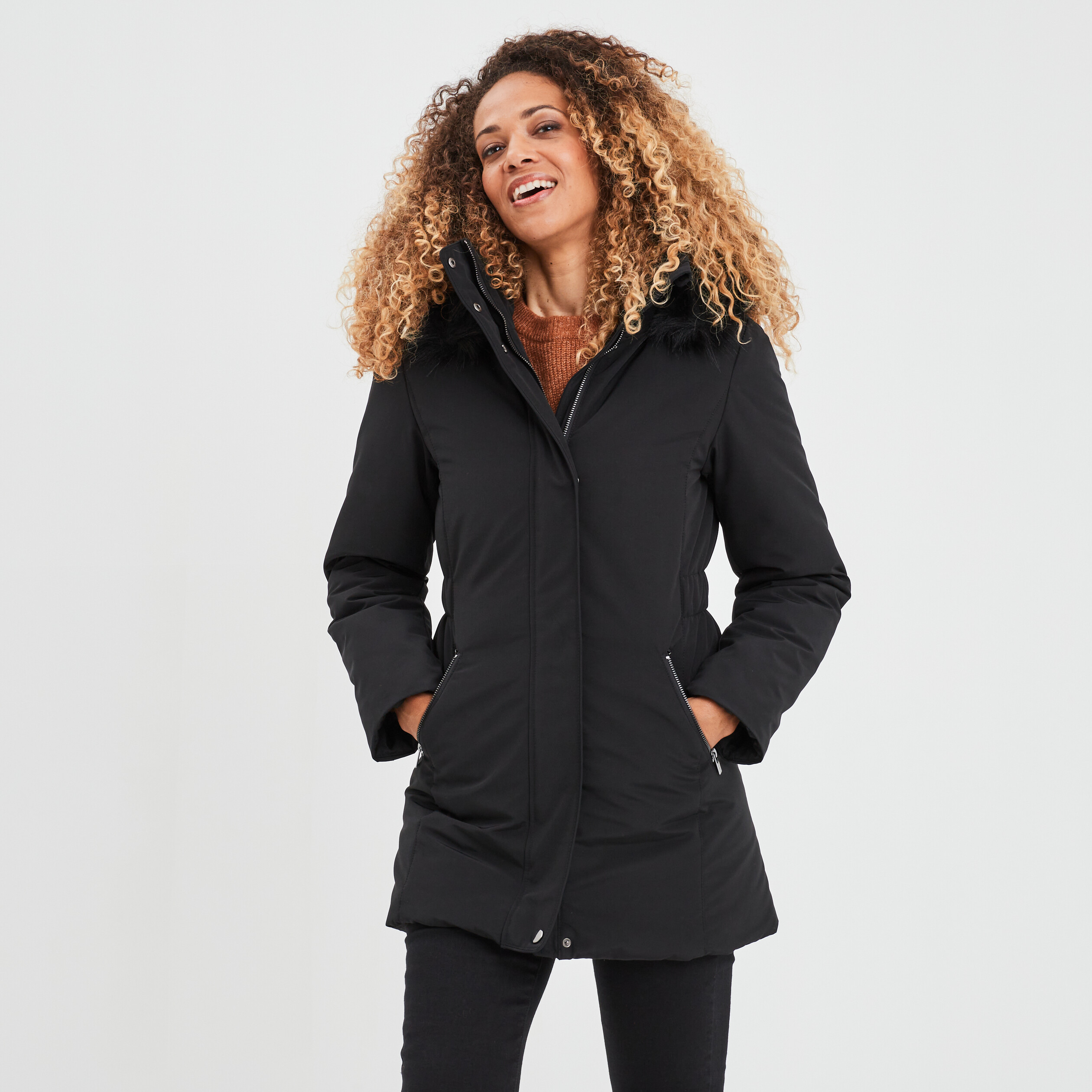 Parka mi-longue à capuche fourrure noir femme | La Halle