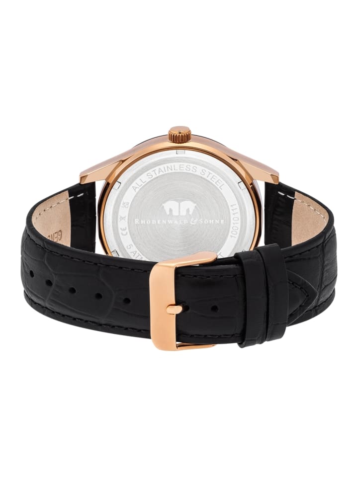 Rhodenwald & Söhne Herren Quarzuhr roségold Echtleder schwarz in schwarz günstig kaufen 20 cm