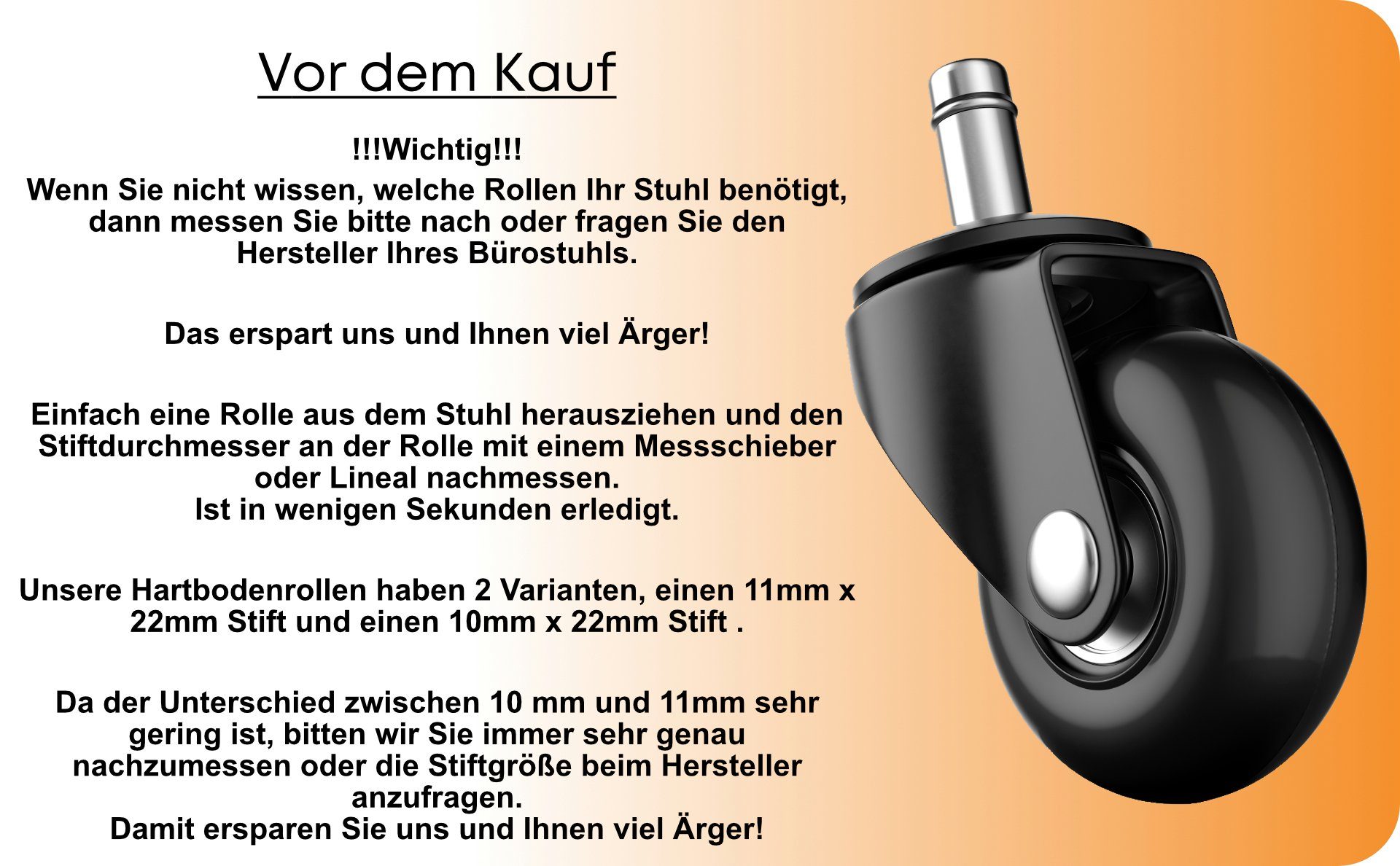 AMZHANDEL Stuhlrolle Hartbodenrollen Ø48mm für Ihren Bürostuhl mit 10 oder 11mm Stift, (5xBürostuhlrollen, 5-St), vermeidet Kratzer & Macken