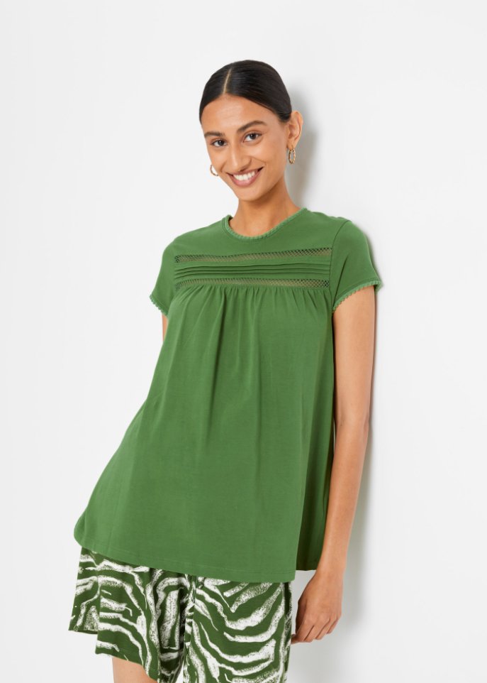 Baumwoll-Shirt mit Spitze in A-Line, kurzarm