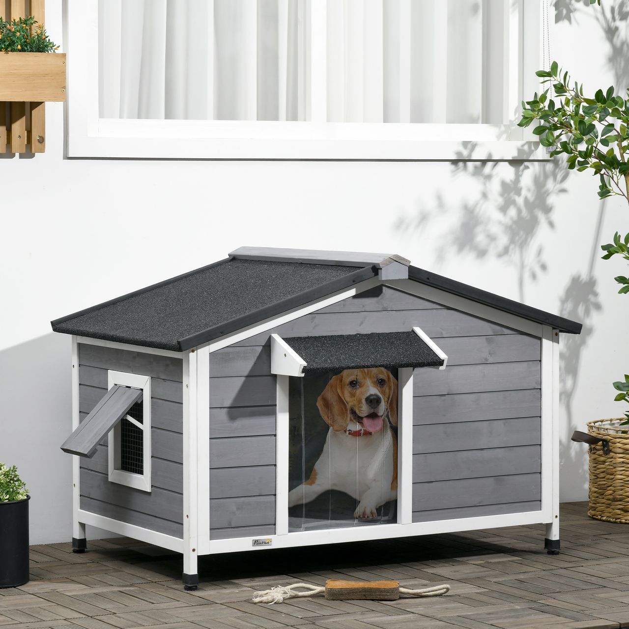 PawHut Hundehütte, Tannenholz, Hundehaus mit Asphaltdach, Outdoor, Wetterfeste