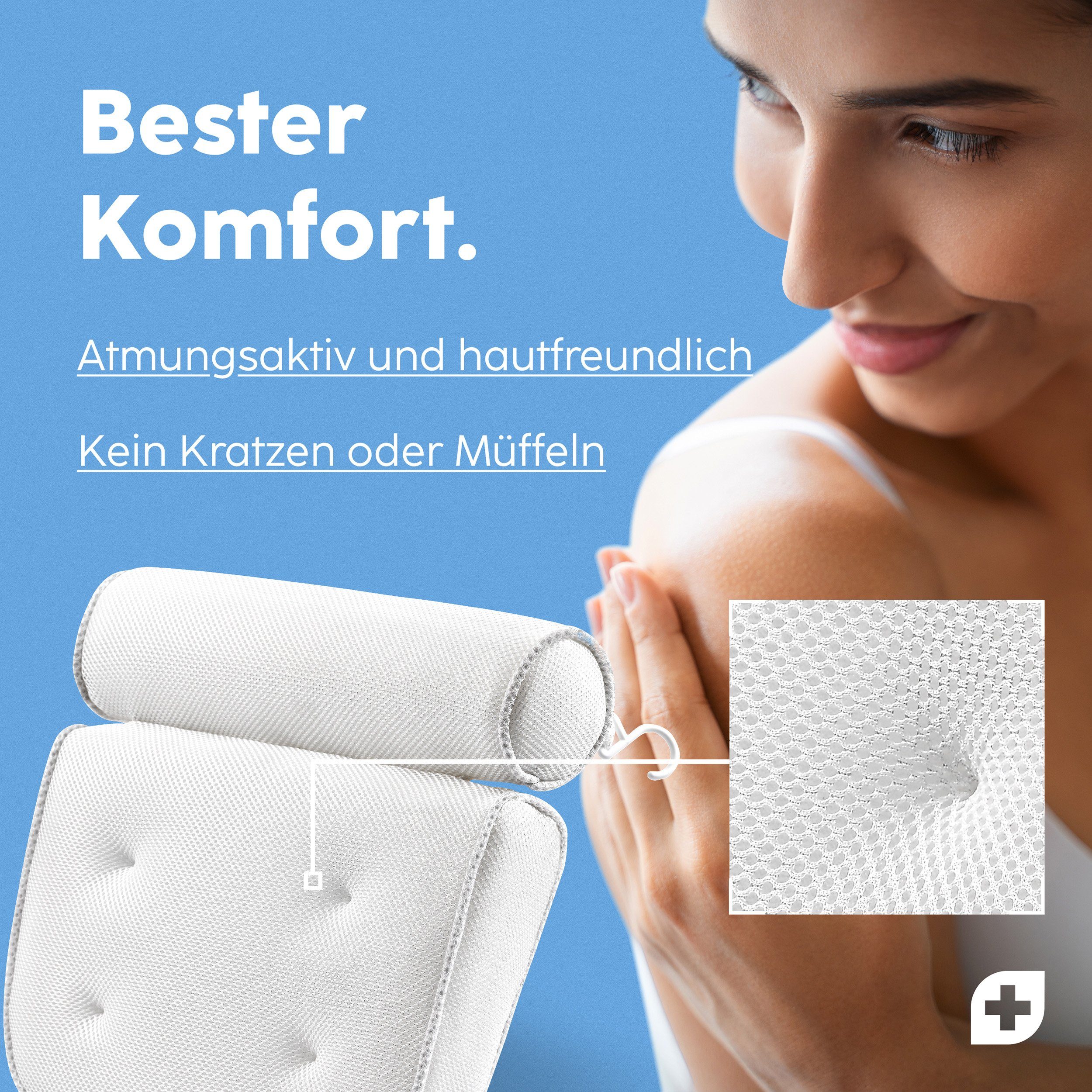 Nackenstützkissen Vesta+ Badewannenkissen XL mit Saugnäpfen und Haken, Badekissen Nackenkissen, Vesta+, Waschmaschinentauglich, Klimaneutral und nachhaltig, Badekissen Testsieger als Badewannenkissen Nacken & Nackenkissen Badewanne