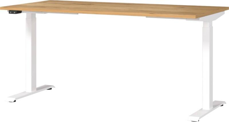 GERMANIA Sitz-Stehschreibtisch Eiche Metall, Spanplatte Weiß T-Fuß 1.600 x 800 x 1.200 mm