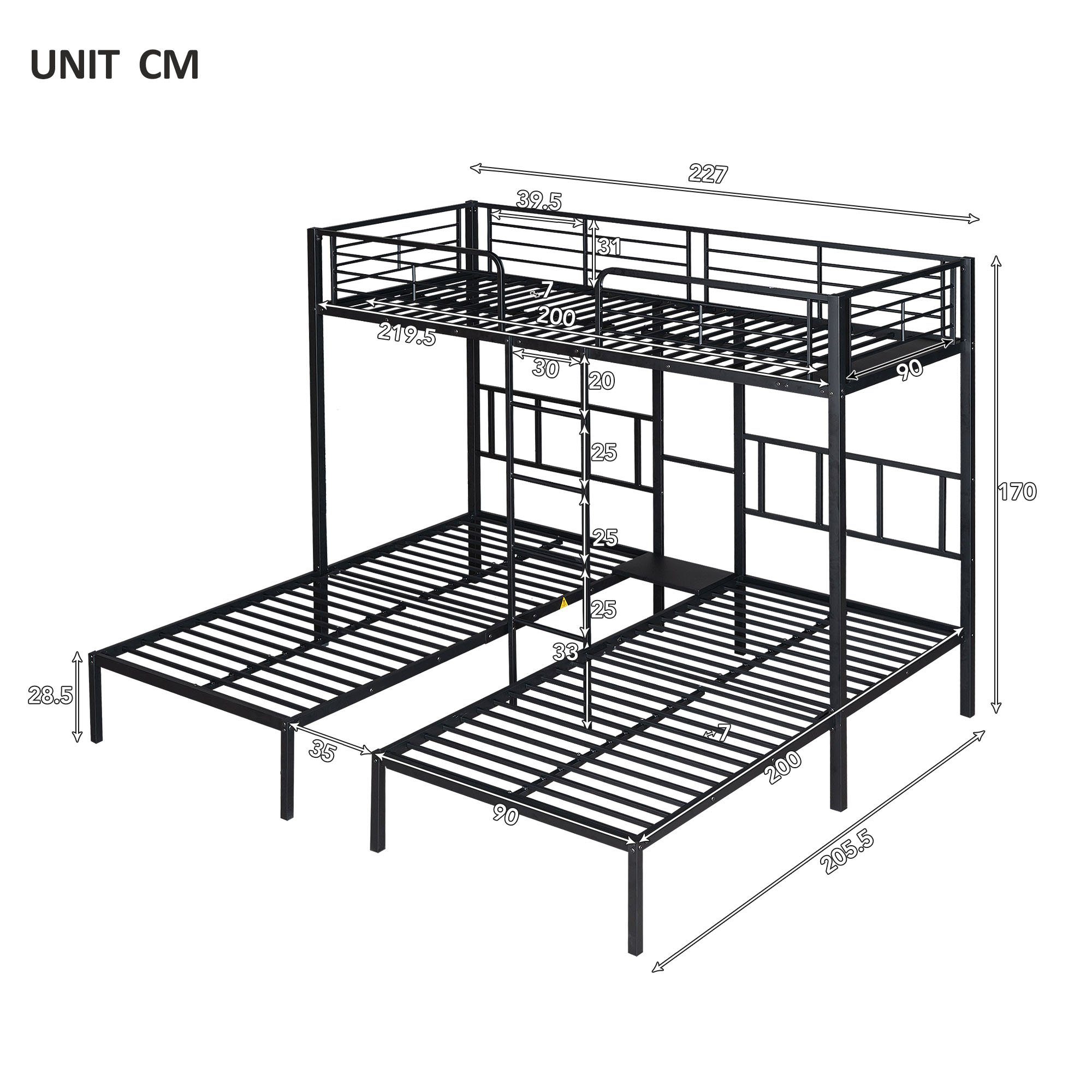 Flieks Etagenbett, Dreierbett Kinderbett Metallbett mit Leiter 90x200cm*3