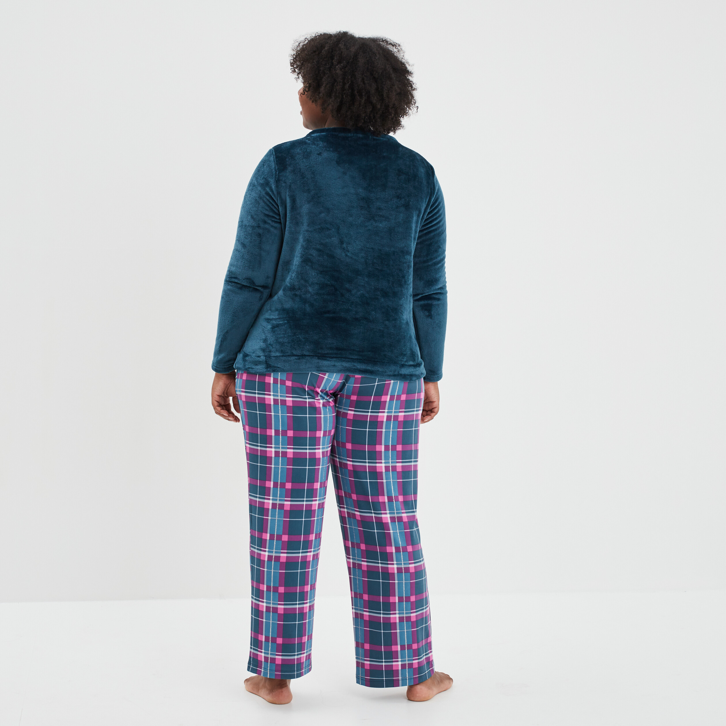 Ensemble pyjama pantalon haut velours bleu canard femme grande taille | La Halle