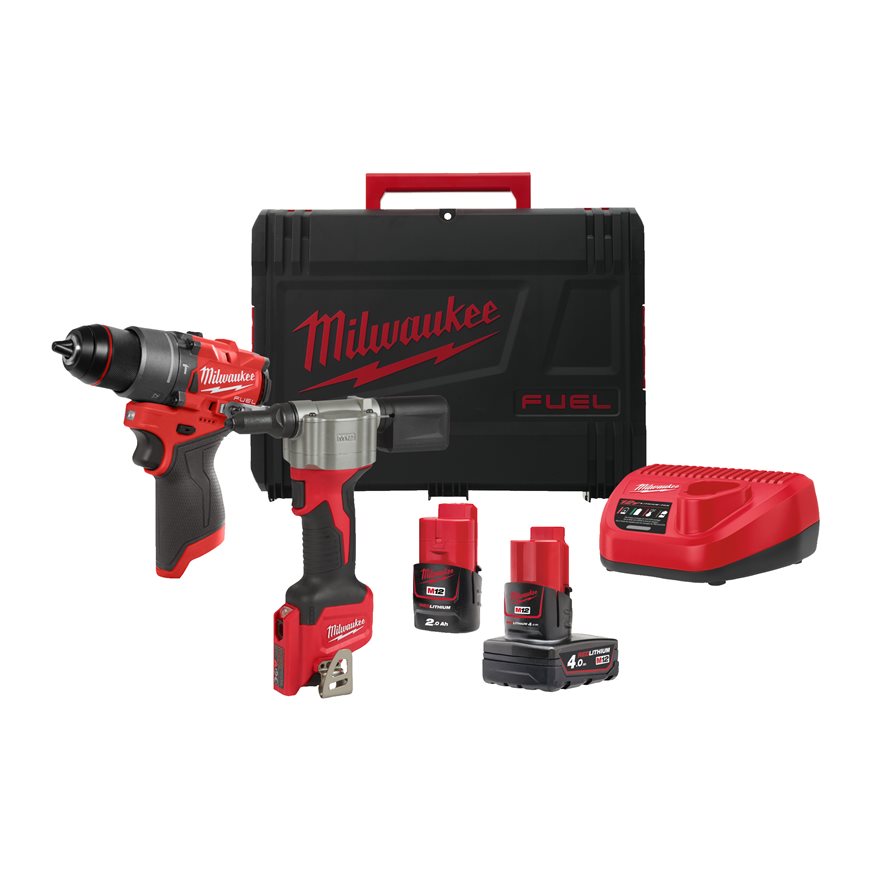 Milwaukee 4933480593 M12 FPP2D2-422X Pachet de alimentare M12 FPD2 Mașină de șurubelniță cu clemă + M12 BPRT Încuietoare cu clemă 12V 4.0/2.0Ah în cutie HD 4933480593