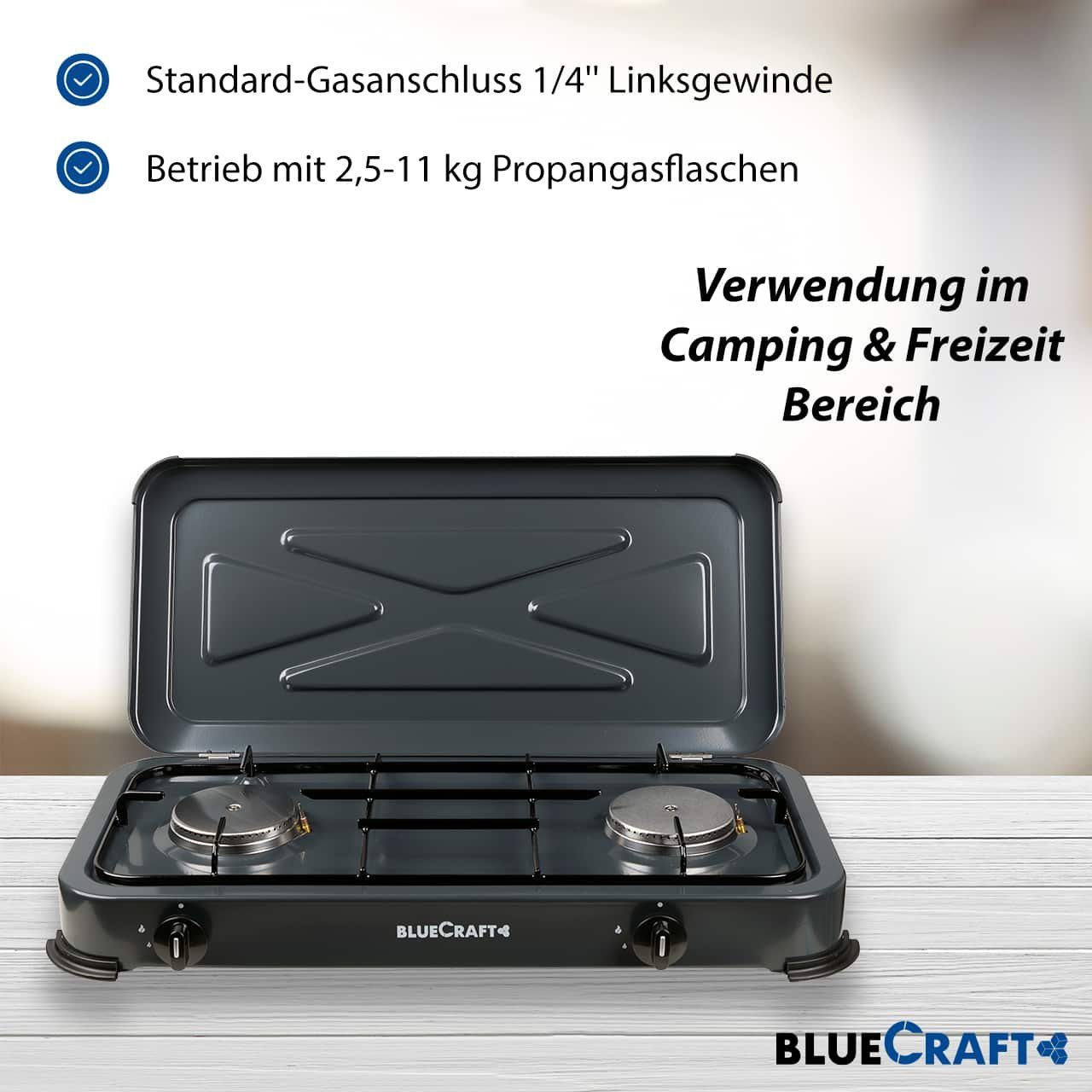 BlueCraft Gaskocher, (Gas-Kochfeld 2 flammen Propangas mit Schlauch und Druckminderer), Campingkocher 2-flammig mit Zündsicherung Gasschlauch Gasregler