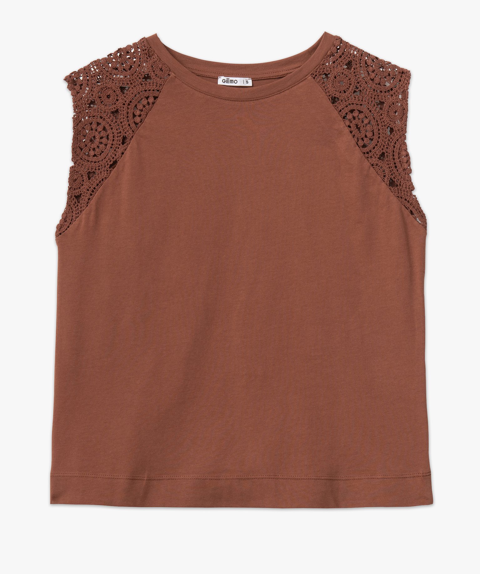 Tee-shirt sans manches en coton avec épaules en crochet femme marron | GEMO
