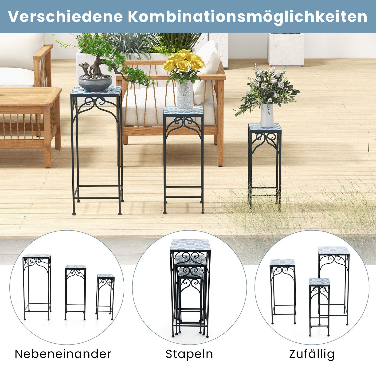 COSTWAY Blumenständer (3 St), Blumenhocker, Quadratisch, aus Metall, Blau