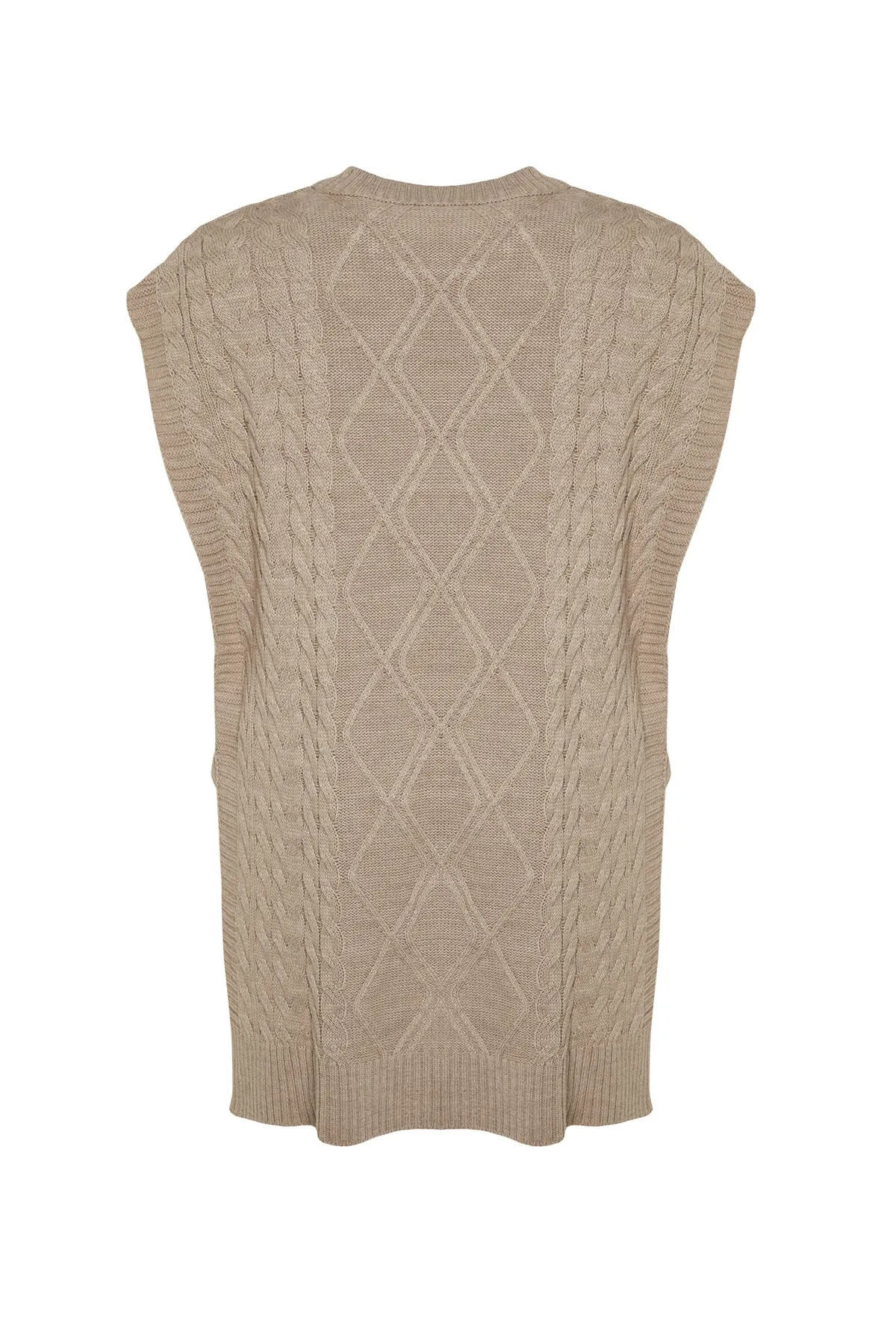 Trendyol Modest  Steinfarbener geflochtener Strickpullover mit Bindeband an der Taille TCTAW22UV0018