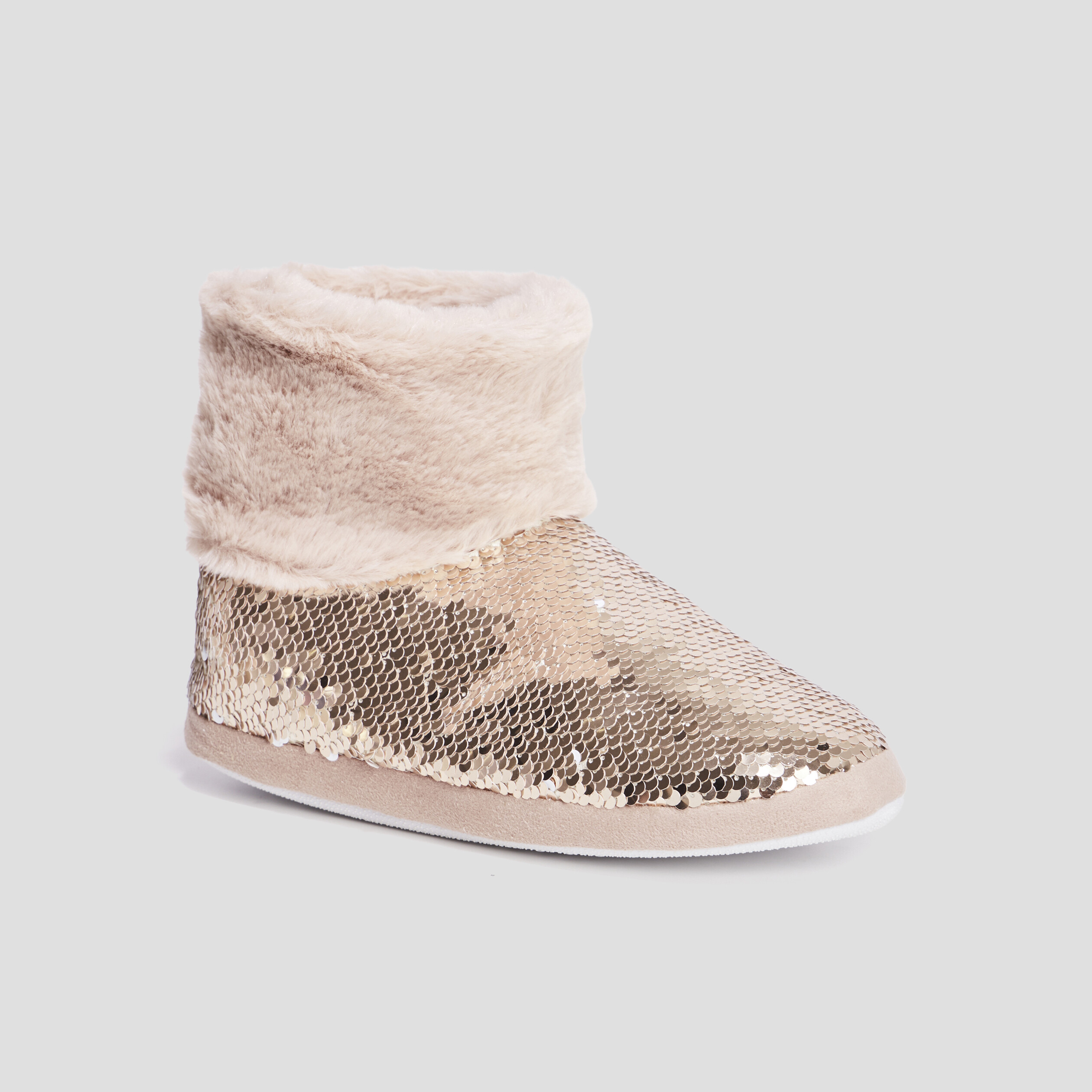 Chaussons bottines sequins et fourrure jaune or femme | La Halle