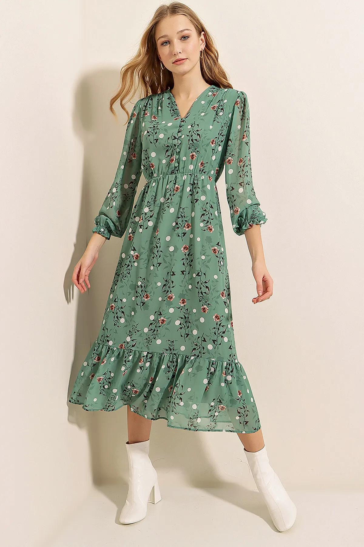 Bigdart  2137 Gemustertes Chiffonkleid - Çağla