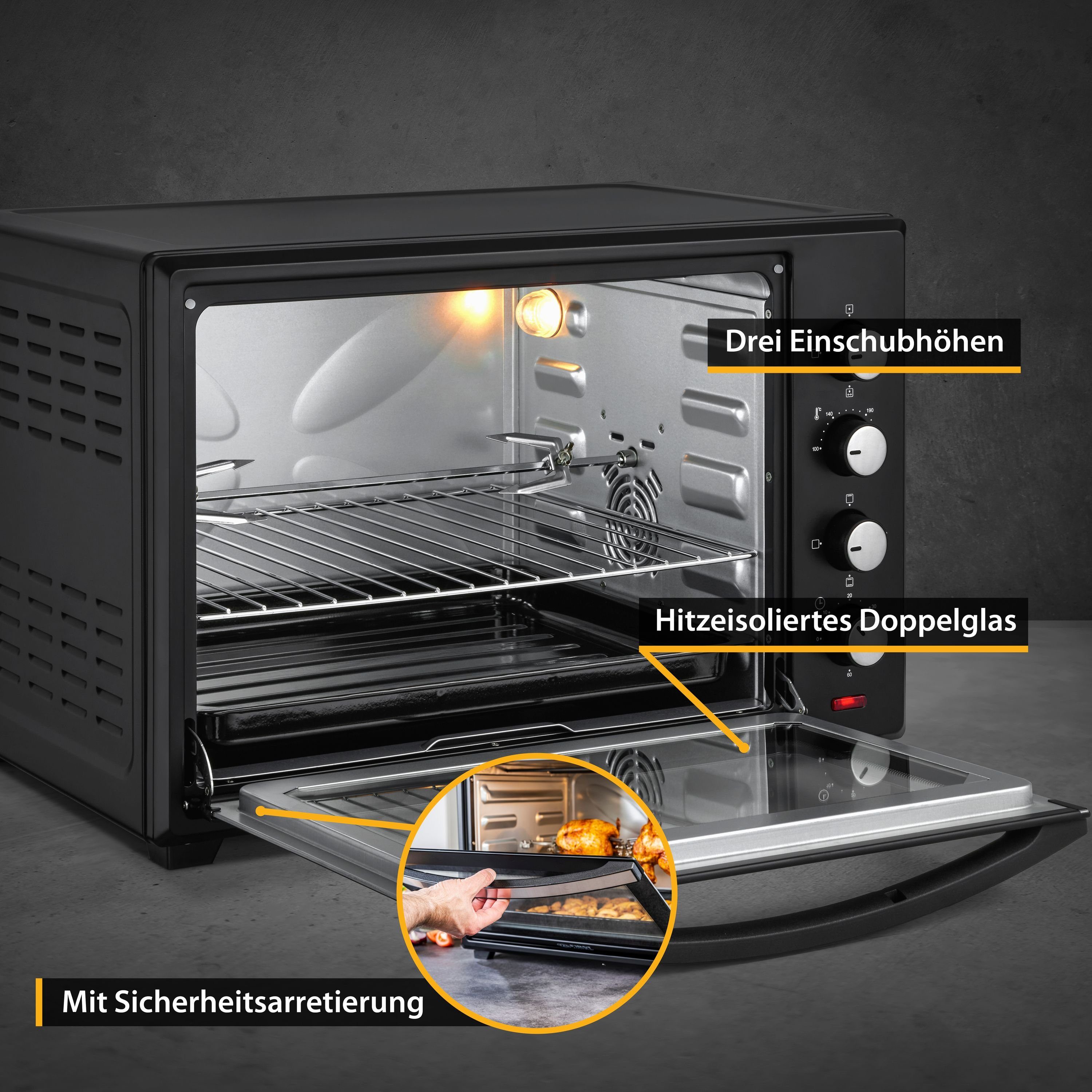 TZS FIRST AUSTRIA Minibackofen Mini-Backofen mit Umluft 45L, 2000W, Kochen, Backen, Hähnchengrill, Temperaturregler 100-230°, energieeffizient, Miniküche, Camping