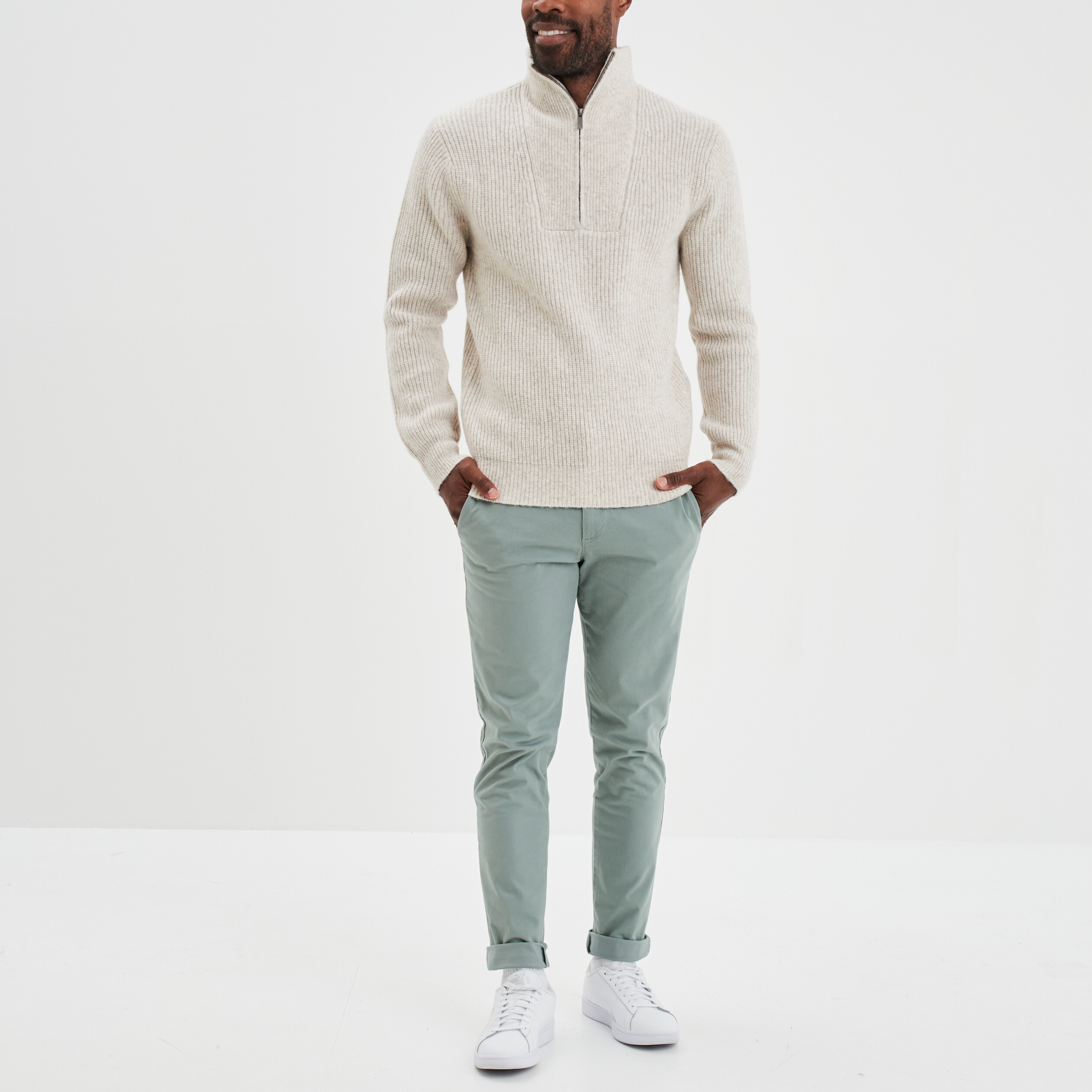 Pull camionneur côtelé beige homme | La Halle