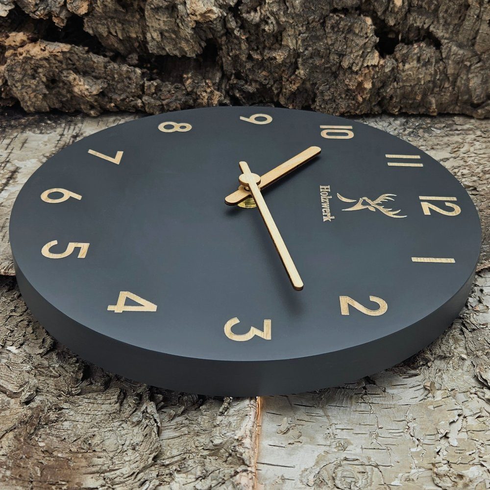 Holzwerk Wanduhr BAMBERG aus robustem Holz in grau, beige