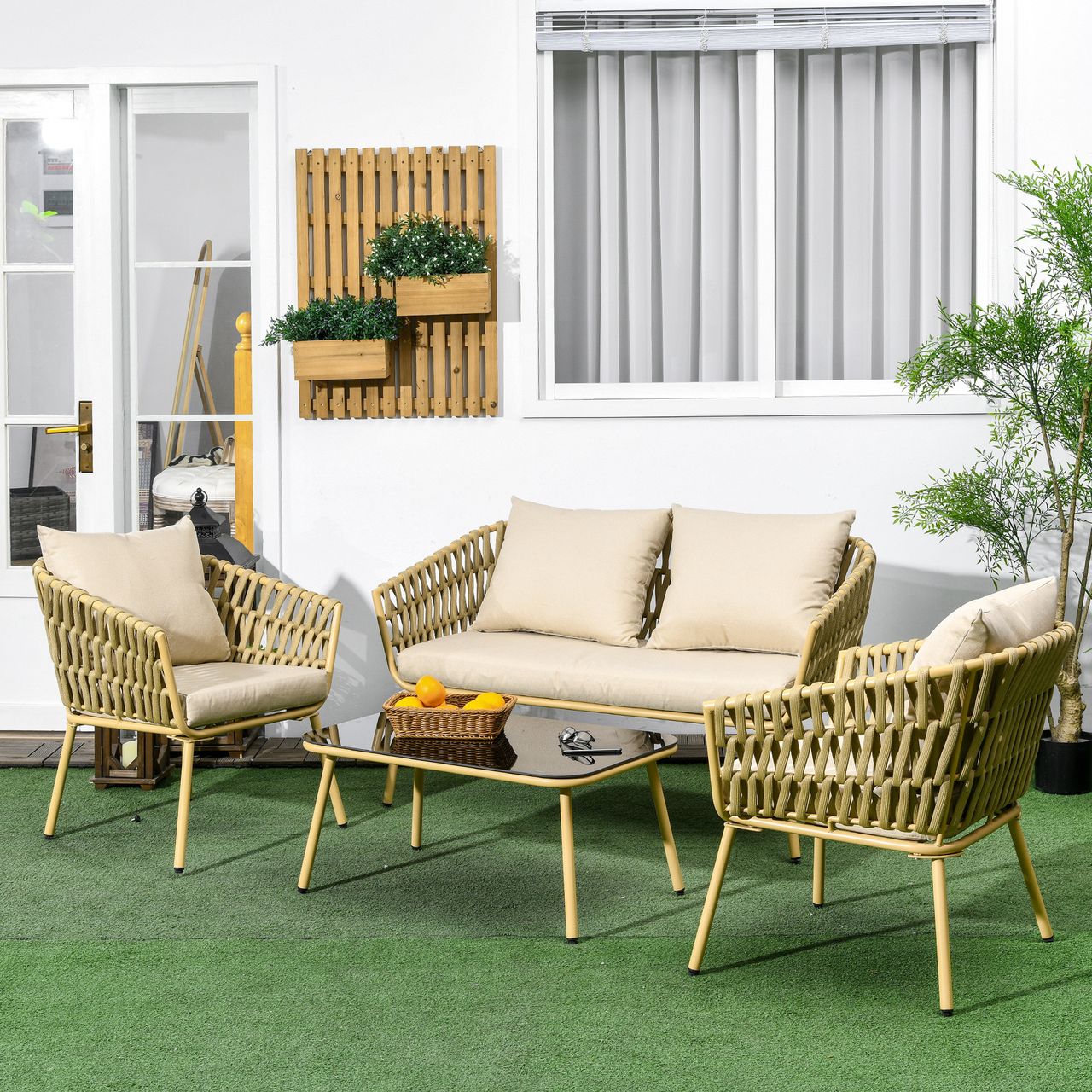 Outsunny 4 tlg. Gartenmöbel-Set mit 1 Couchtisch 2 Sesseln 1 Doppelsofa