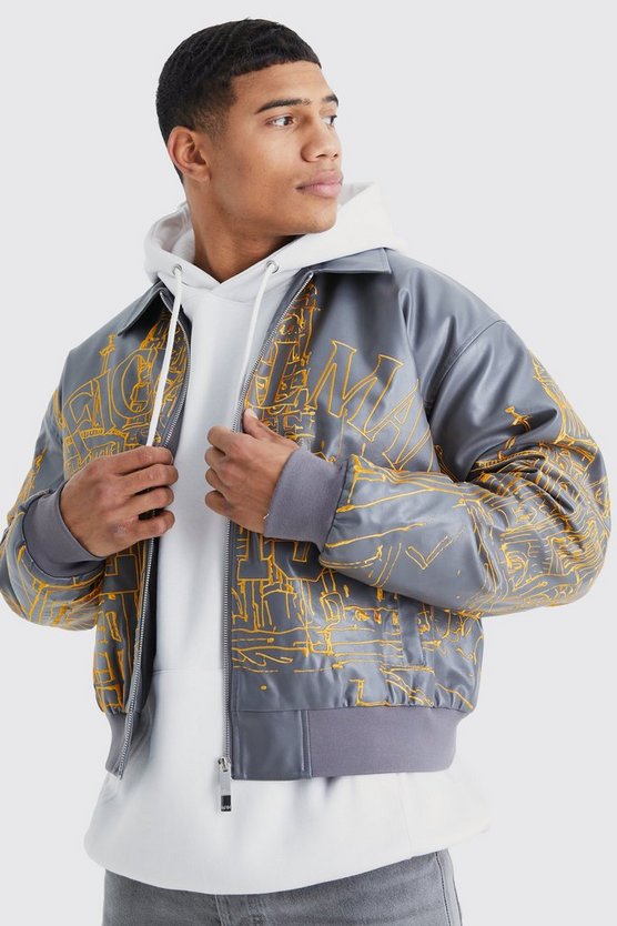 Kastige PU-Bomberjacke mit Stickerei