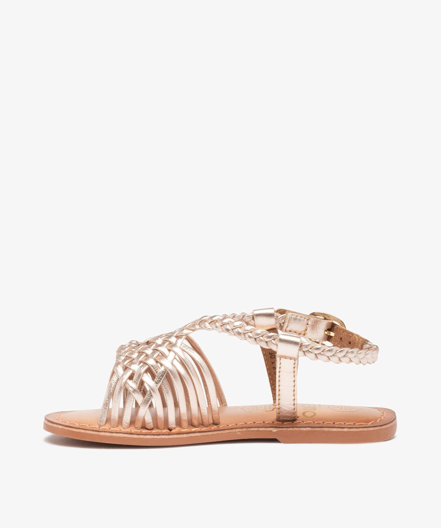 Sandales fille à fines brides en cuir tressées métallisées or | GEMO