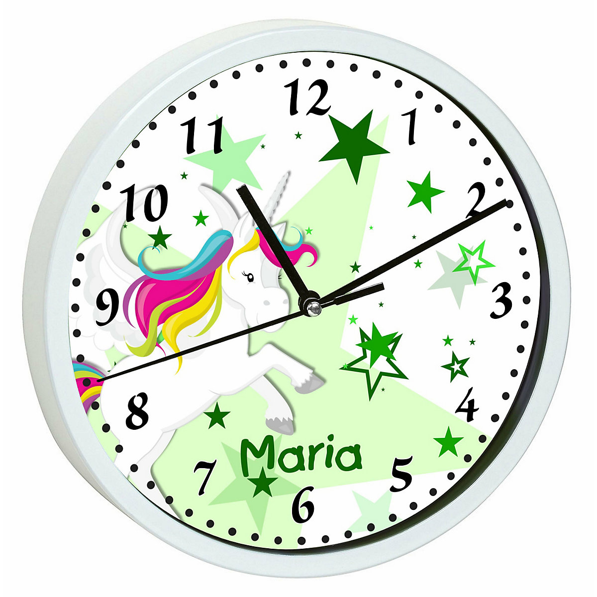 Kinder Wanduhr personalisiert mit Name Pegasus Sterne Grün