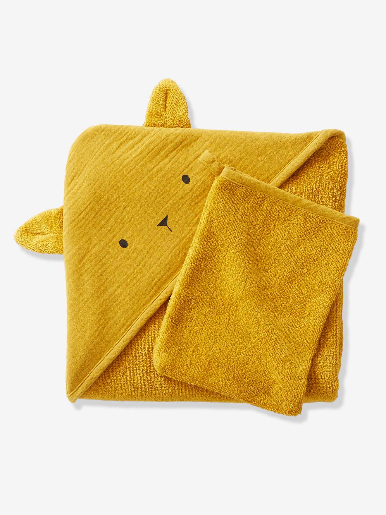 Vertbaudet Bio-Kollektion: Baby Kapuzenbadetuch & Waschhandschuh - senfgelb