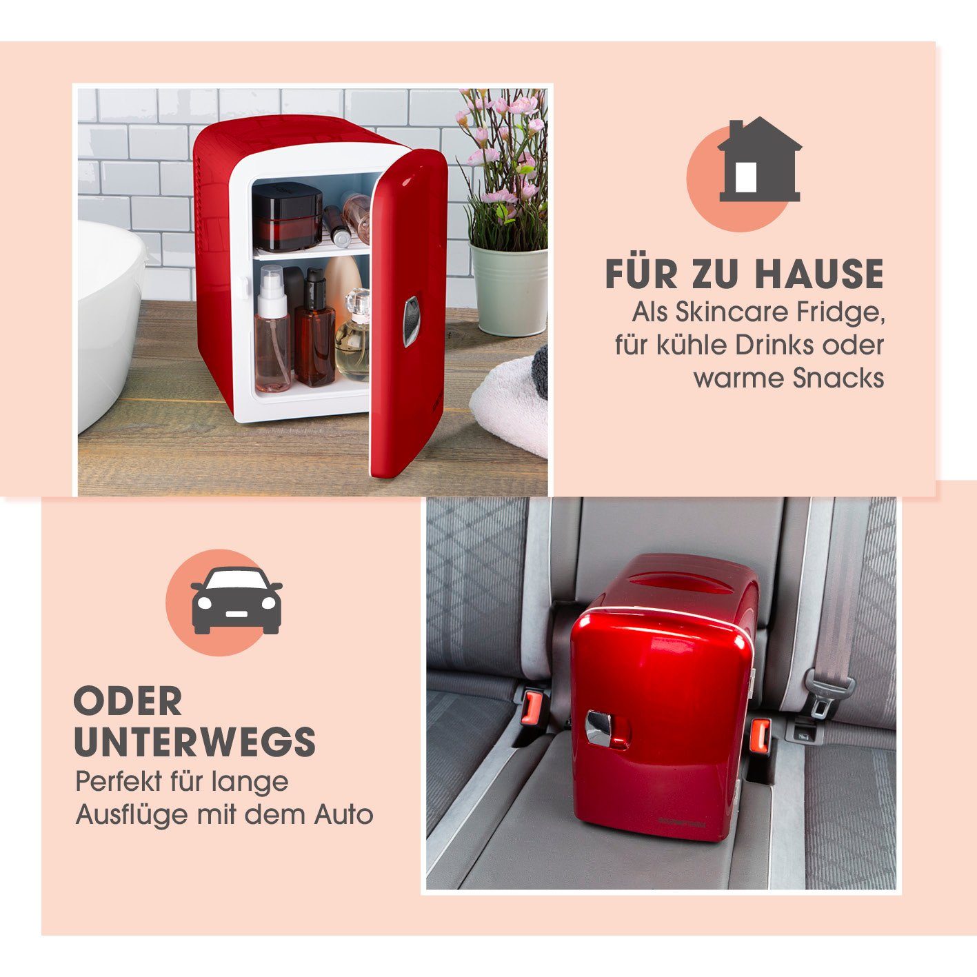 GOURMETmaxx Kühlbox Mini Kühl Schrank 45W Rot 12V Kfz Anschluss Auto, Retro Design, Camping, Festival, Dosengeeignet