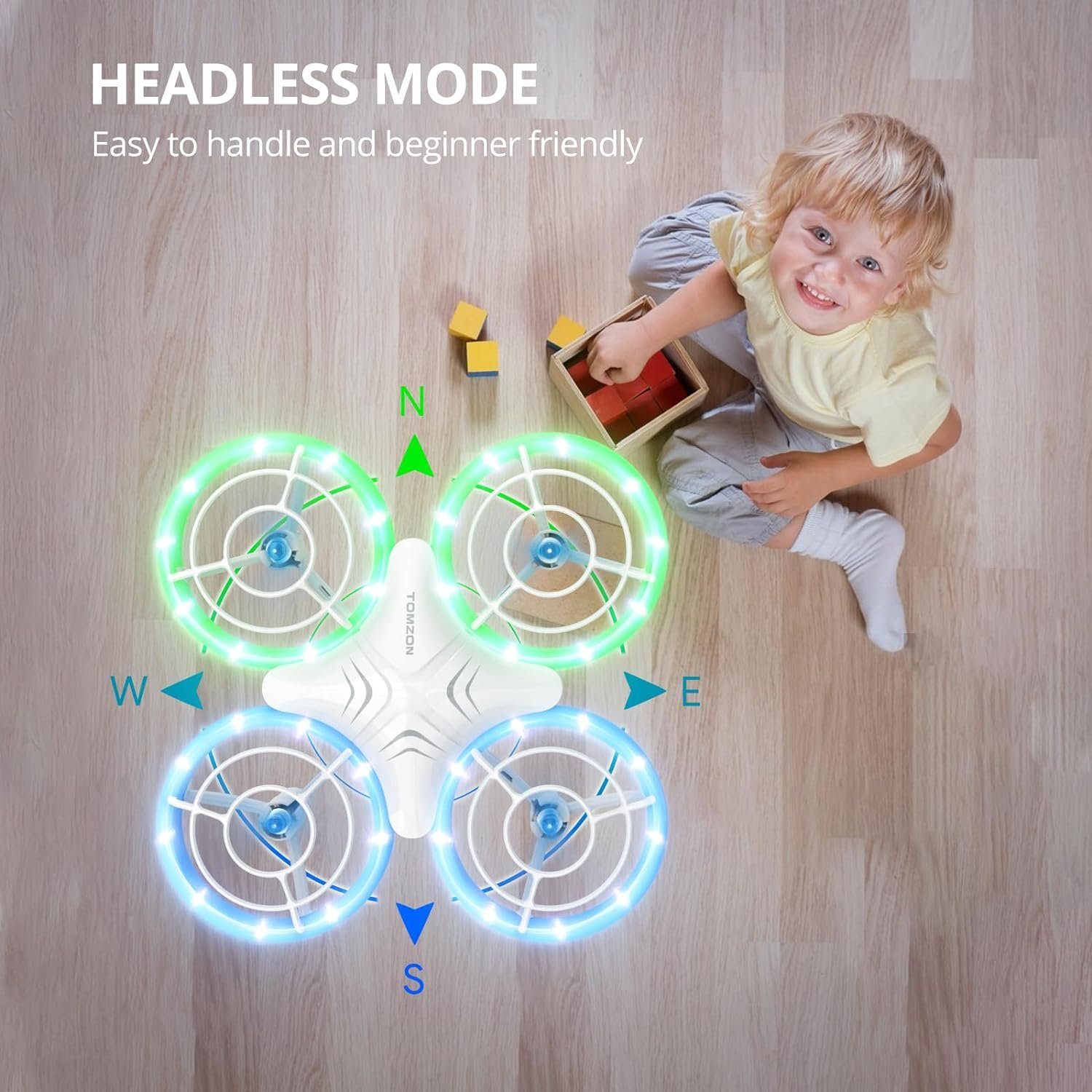 Tomzon Mini Drohne für Kinder, Blauen und Grünen LED Lichter Drohne (Fliege mit Leichtigkeit: 2 Akkus, 3D-Flip, Kopflos-Modus, für Anfänger)