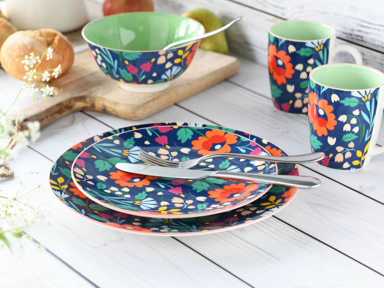 CreaTable Folklore Blau, 12-teiliges Geschirrset, Tafelservice aus Steinzeug