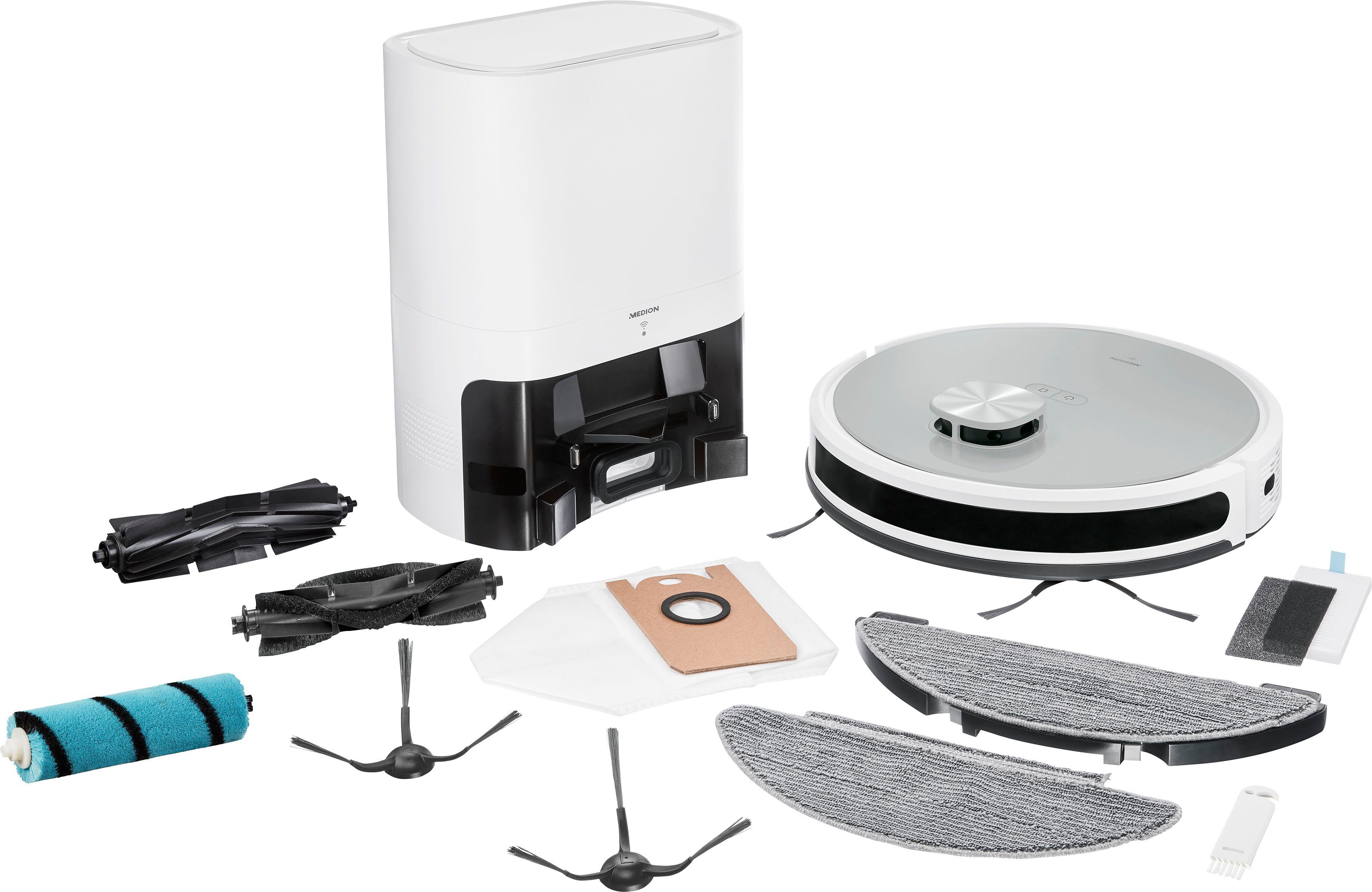 Medion® Nass-Trocken-Saugroboter Saug- und Wischroboter mit Absaugstation (X21 SW), App Steuerung und automatische Entleerung
