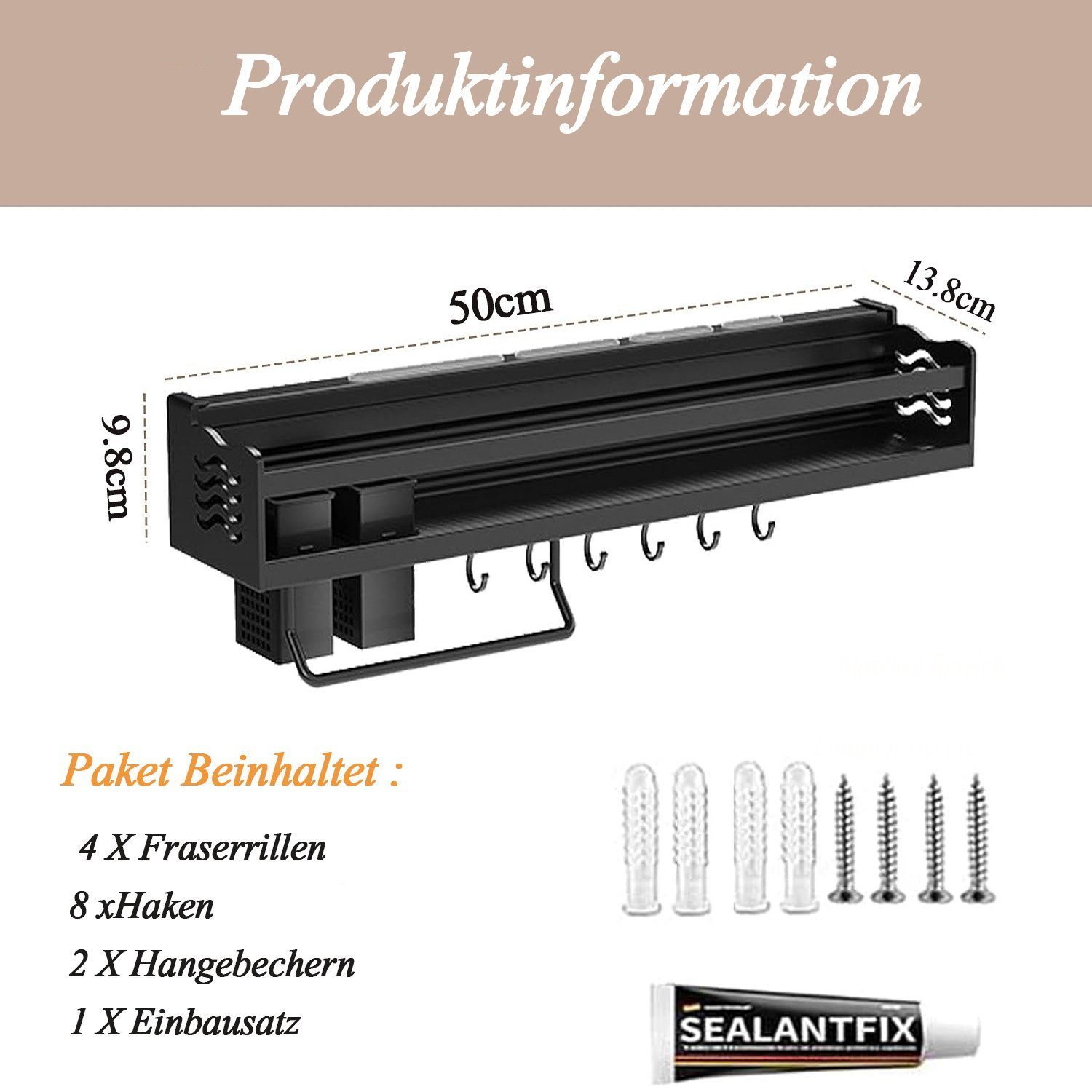 NUODWELL Gewürzregal Hängend Multifunktionales Regal Gewürzhalter für Küche Bad(Schwarz)