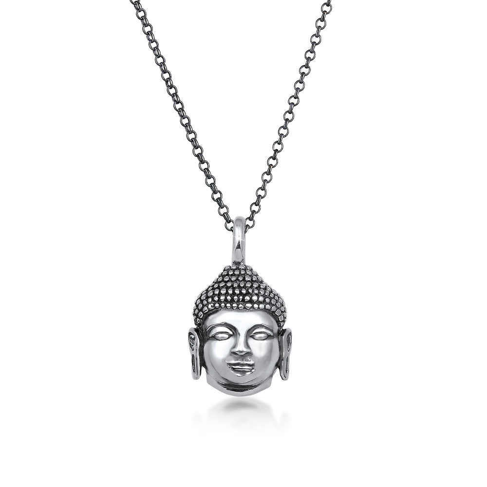KUZZOI KUZZOI Collier Herren Erbskette Buddha Kopf Oxidiert 925 Silber Bijoux