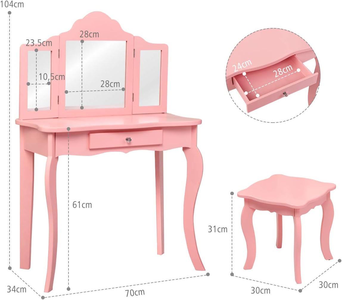 Costway Kinder Schminktisch mit Hocker und Abnehmbarer Spiegel