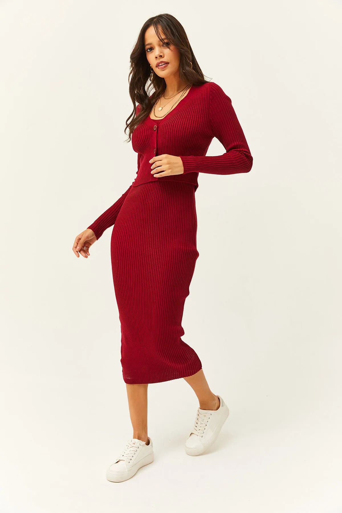 Olalook  Zweiteiliger Strickanzug für Damen in Burgunderrot, Strickjacke, TKM-19000223