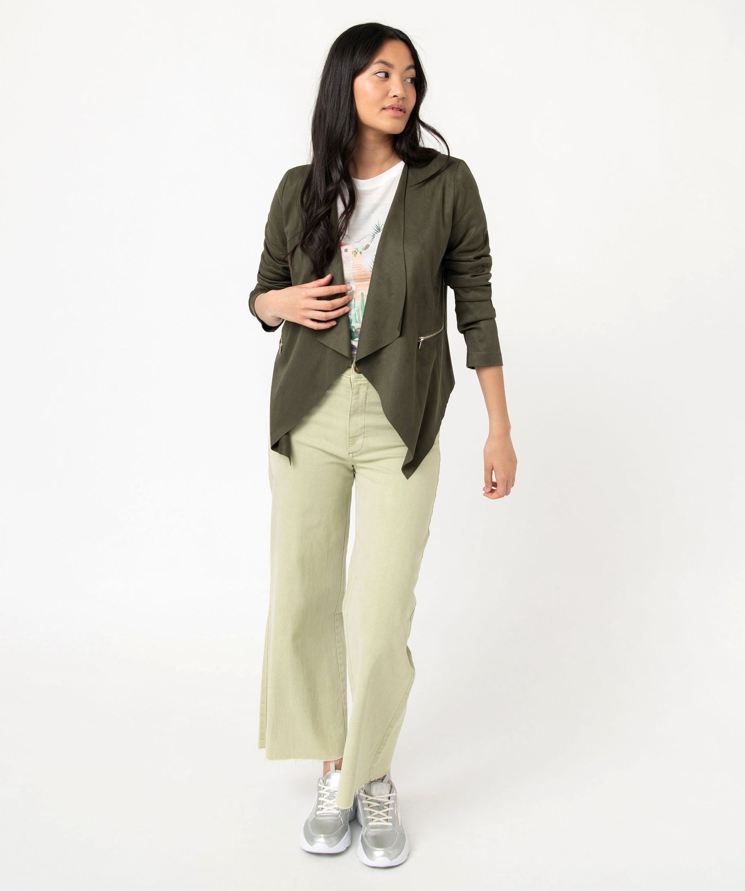 Veste en suédine souple portée ouverte femme kaki | GEMO