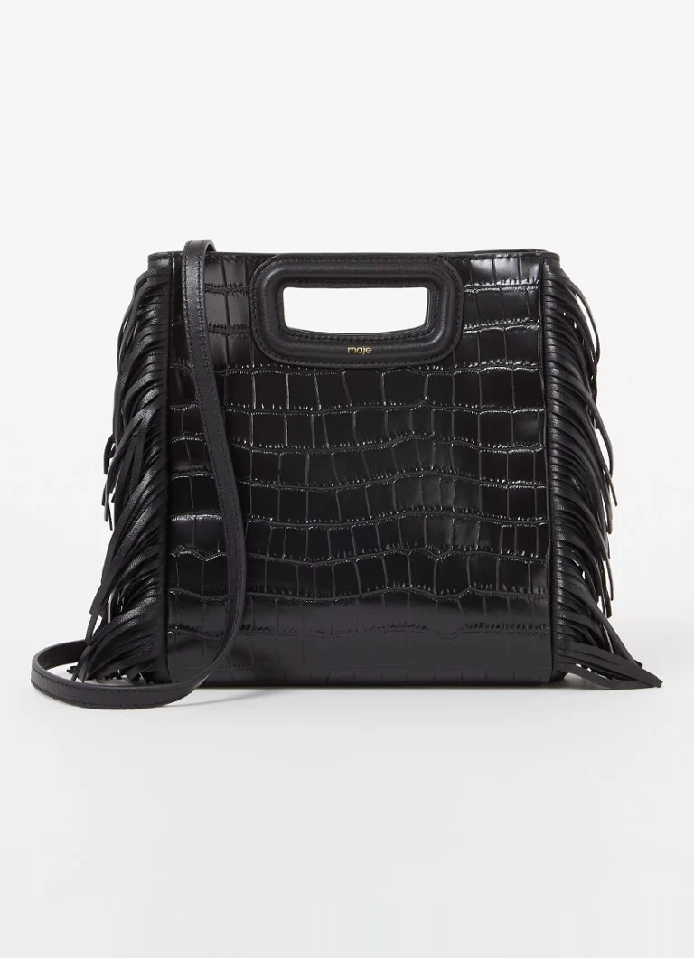 Geantă de mână Maje M Bag confecționată din piele de oaie cu franjuri și o textură care imită pielea de crocodil.