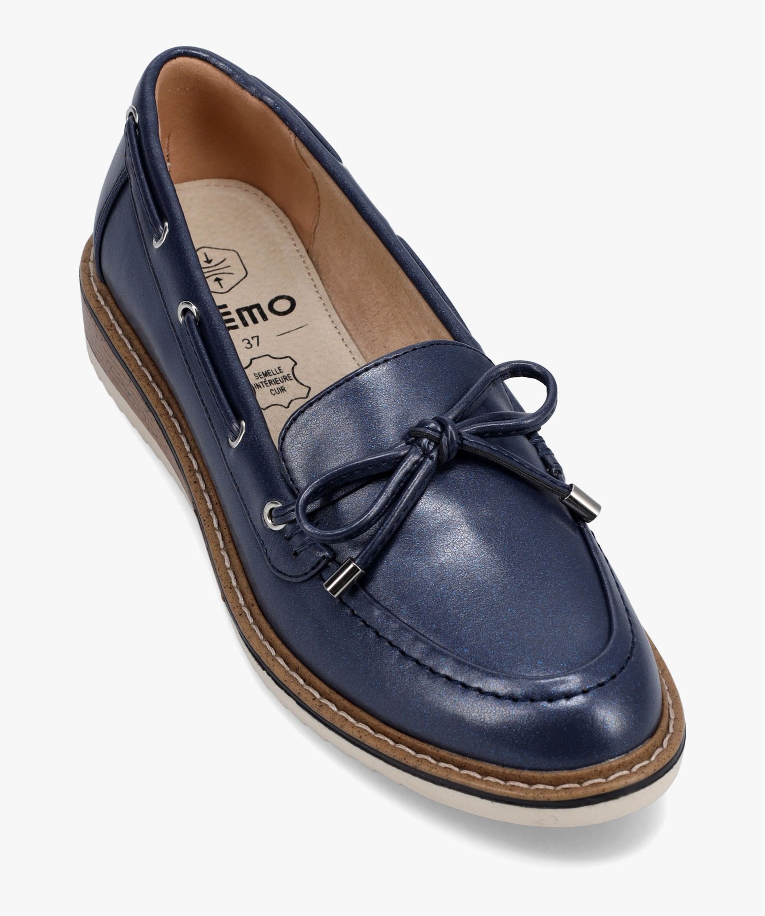 Mocassins femme unis à lacet bateau et petit talon compensé bleu | GEMO