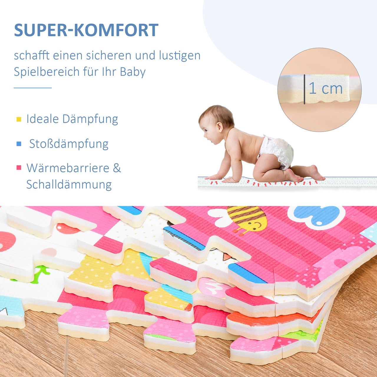 HOMCOM Puzzlematte für Babys Kinder Spielmatte spiel erziehung klappbar EVA foam Tiere Muster 61,5 x 61,5 cm