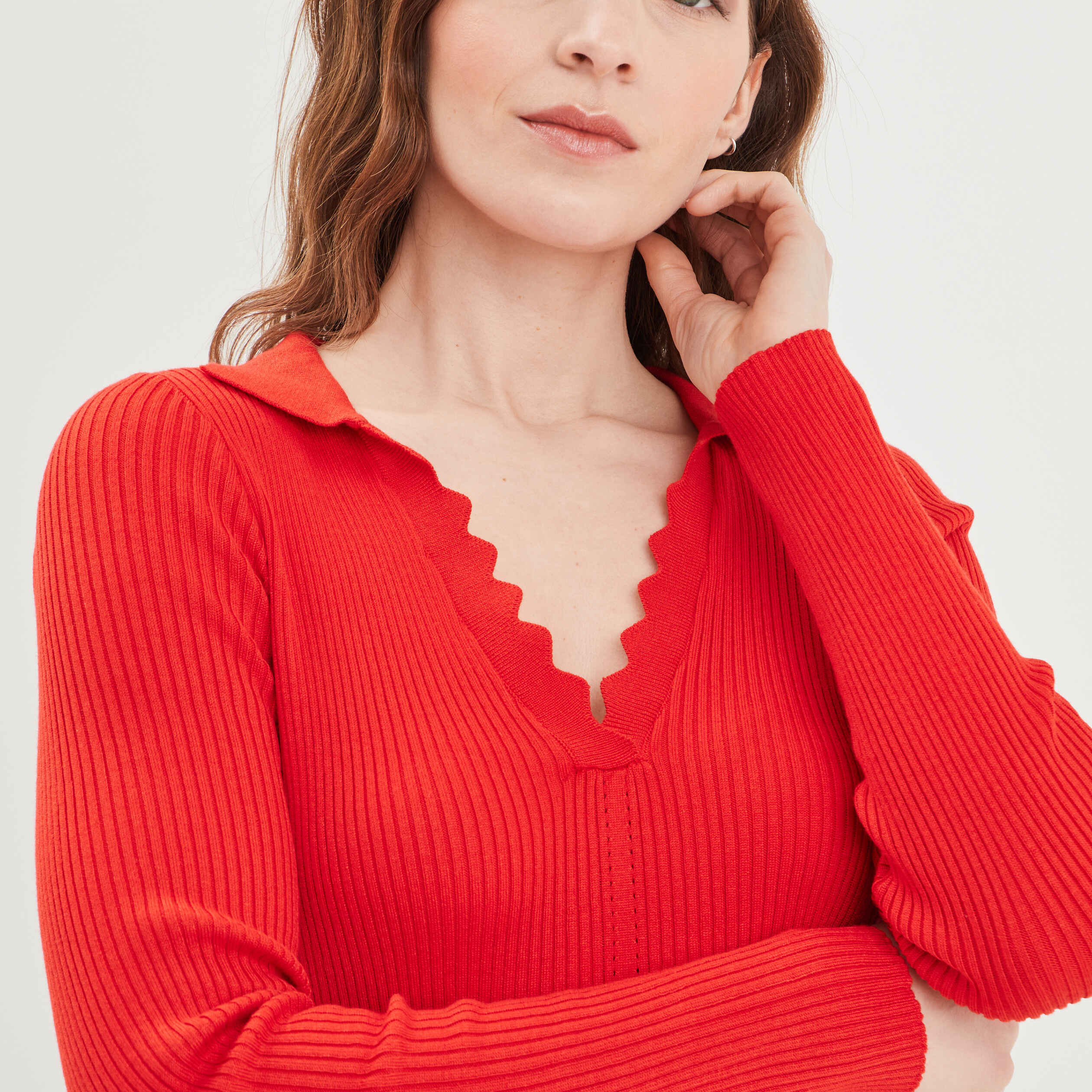 Pull manches longues col polo orange corail femme | La Halle