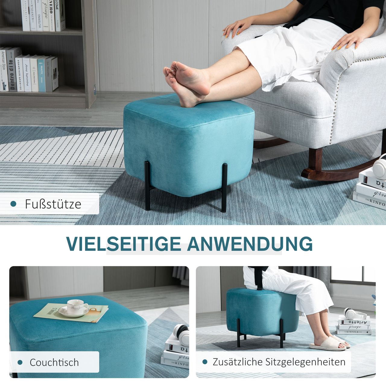HOMCOM Fußhocker Fußstütze gepolstert Polyester Stahl Schaumstoff Türkis 44,5 x 44,5 x 41,5 cm