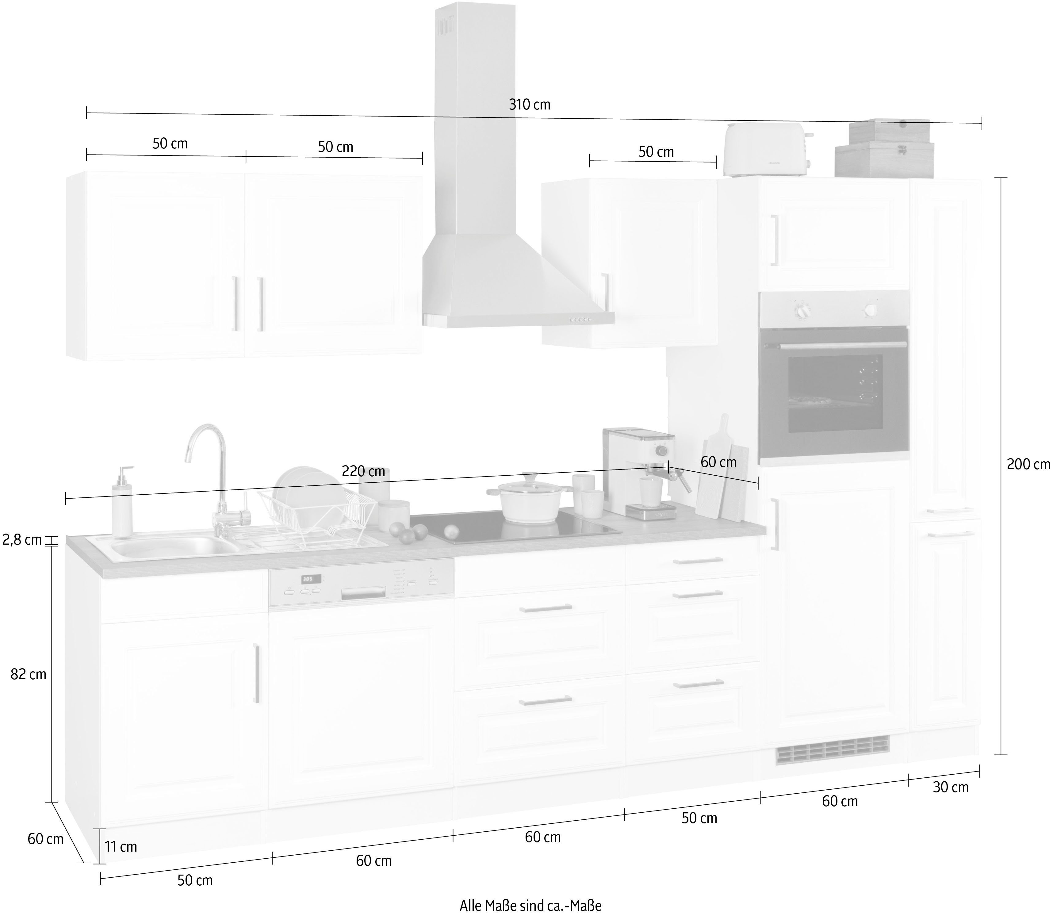 HELD MÖBEL Küchenzeile Stockholm, Breite 310 cm, mit hochwertigen MDF Fronten im Landhaus-Stil